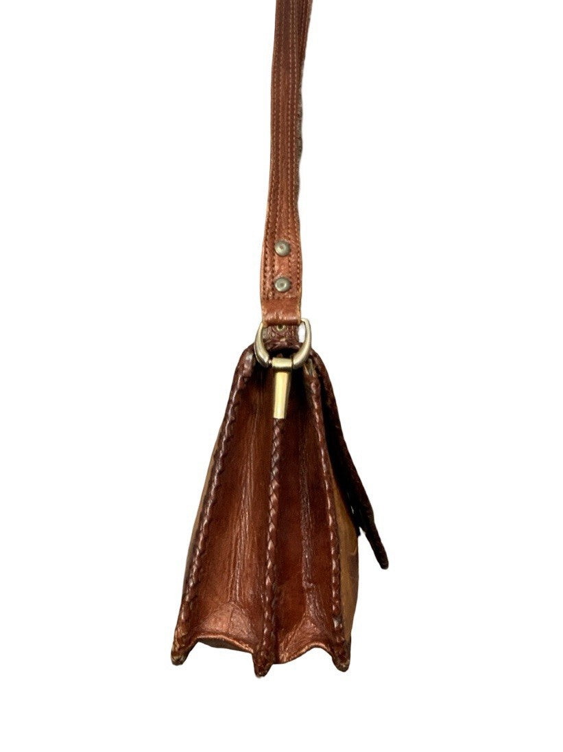 VTG 60S 70S TAN DARK BROWN LEATHER FLORAL BOHO LEAF WHIP STITCH CROSS BODY BAG