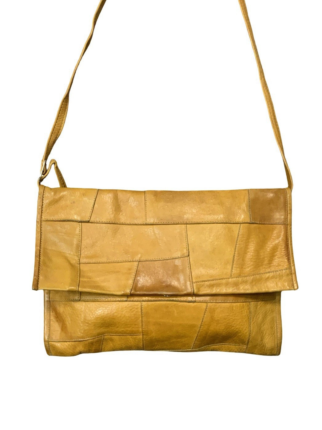 VTG 60S 70S TAN BROWN LEATHER BOHO PATCHWORK CROSS BODY BAG