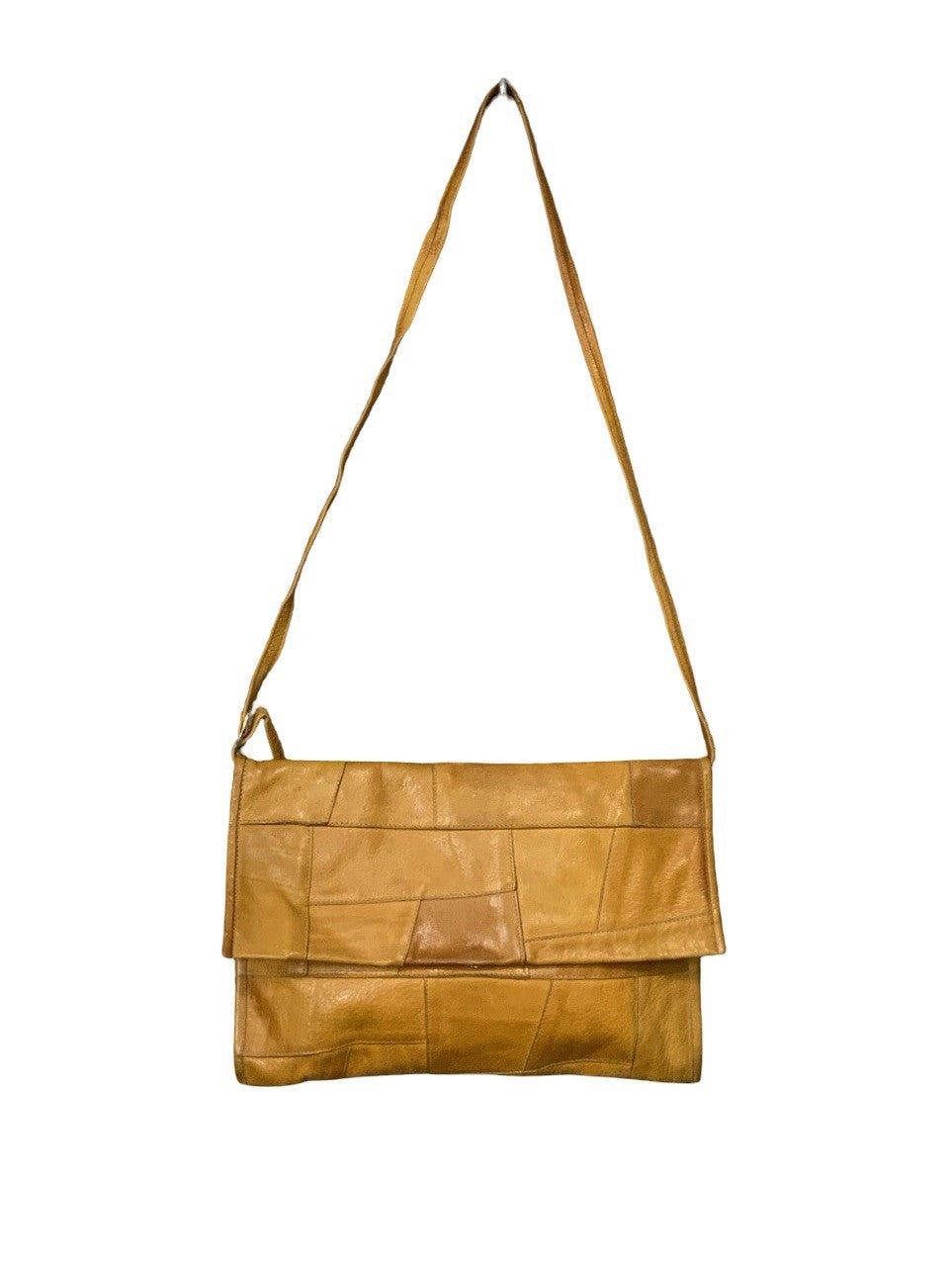 VTG 60S 70S TAN BROWN LEATHER BOHO PATCHWORK CROSS BODY BAG