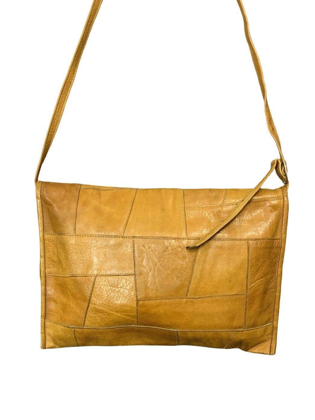 VTG 60S 70S TAN BROWN LEATHER BOHO PATCHWORK CROSS BODY BAG