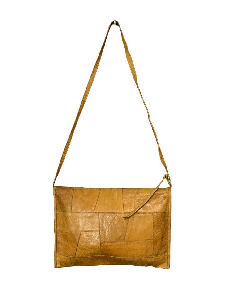VTG 60S 70S TAN BROWN LEATHER BOHO PATCHWORK CROSS BODY BAG