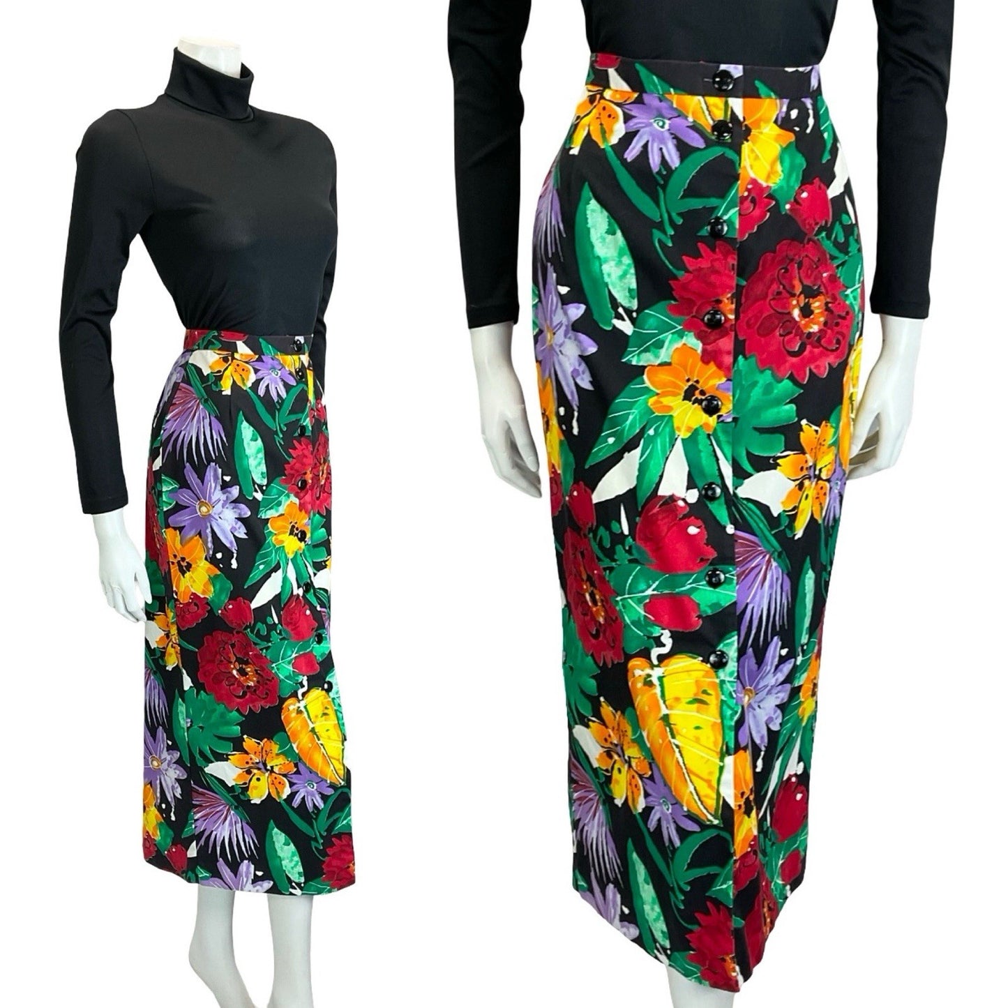 VTG 70S BLACK RED GREEN PURPLE ORANGE ABSTRACT FLORAL BUTTON DOWN MIDI SKIRT 10