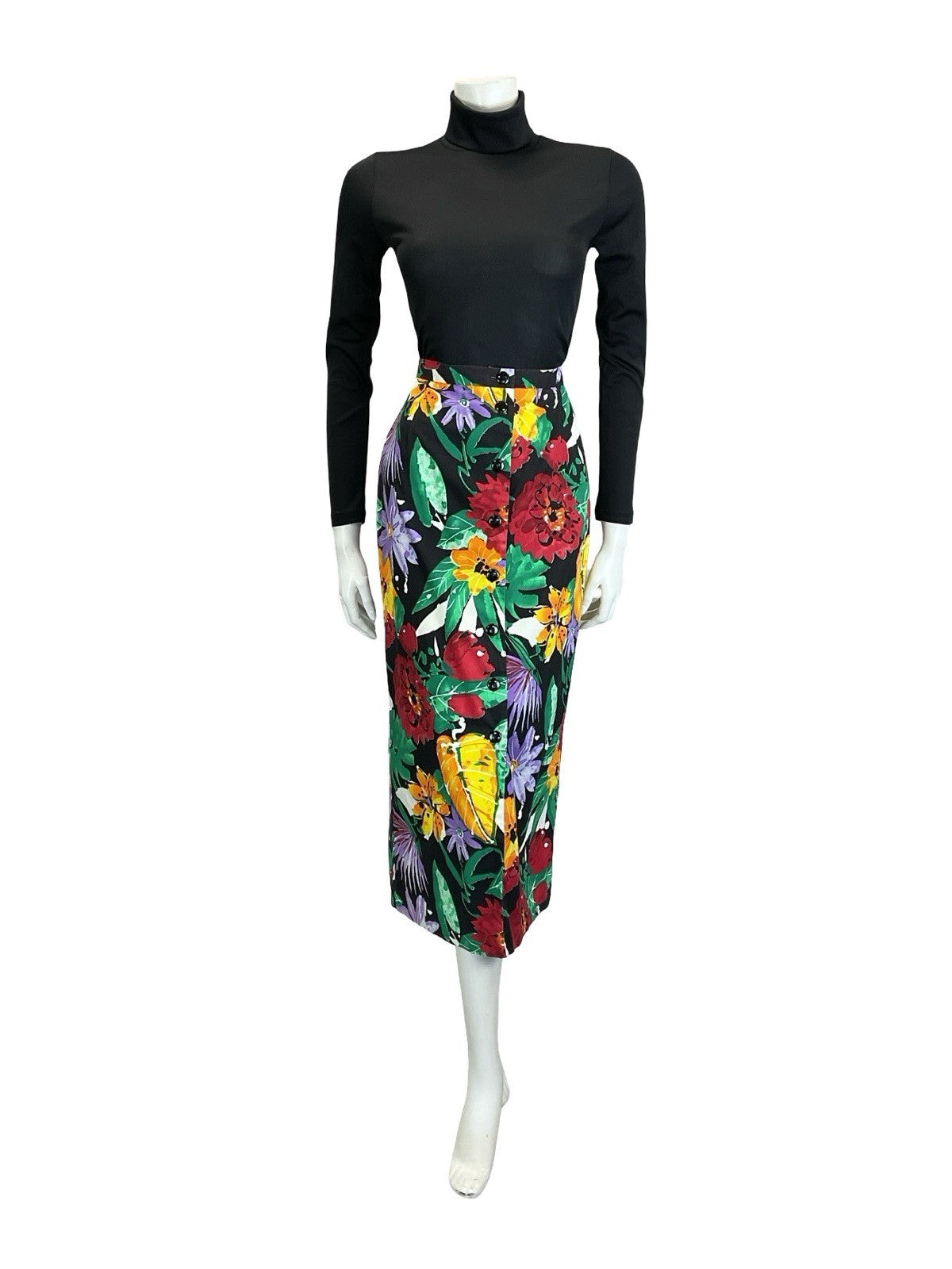 VTG 70S BLACK RED GREEN PURPLE ORANGE ABSTRACT FLORAL BUTTON DOWN MIDI SKIRT 10
