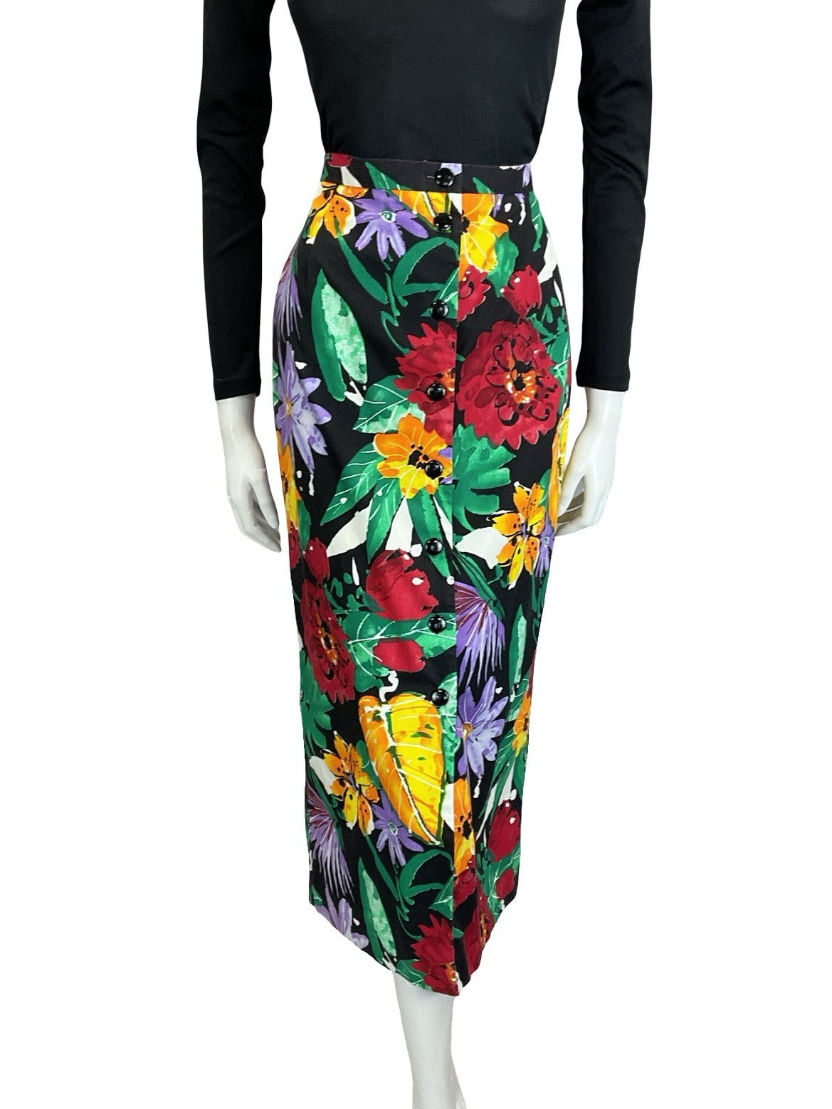 VTG 70S BLACK RED GREEN PURPLE ORANGE ABSTRACT FLORAL BUTTON DOWN MIDI SKIRT 10