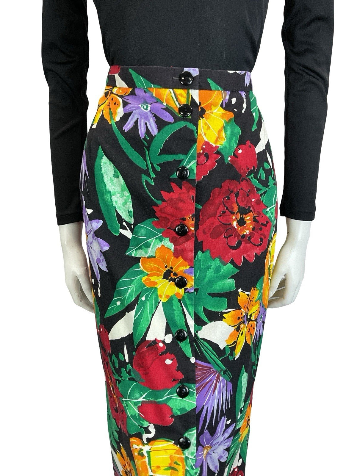 VTG 70S BLACK RED GREEN PURPLE ORANGE ABSTRACT FLORAL BUTTON DOWN MIDI SKIRT 10