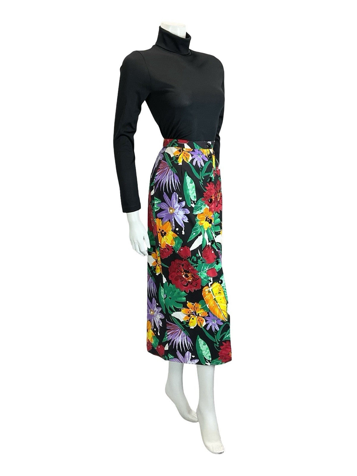 VTG 70S BLACK RED GREEN PURPLE ORANGE ABSTRACT FLORAL BUTTON DOWN MIDI SKIRT 10