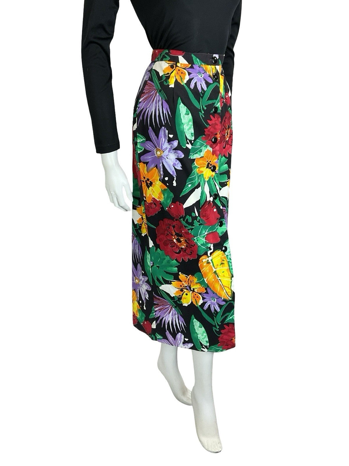 VTG 70S BLACK RED GREEN PURPLE ORANGE ABSTRACT FLORAL BUTTON DOWN MIDI SKIRT 10