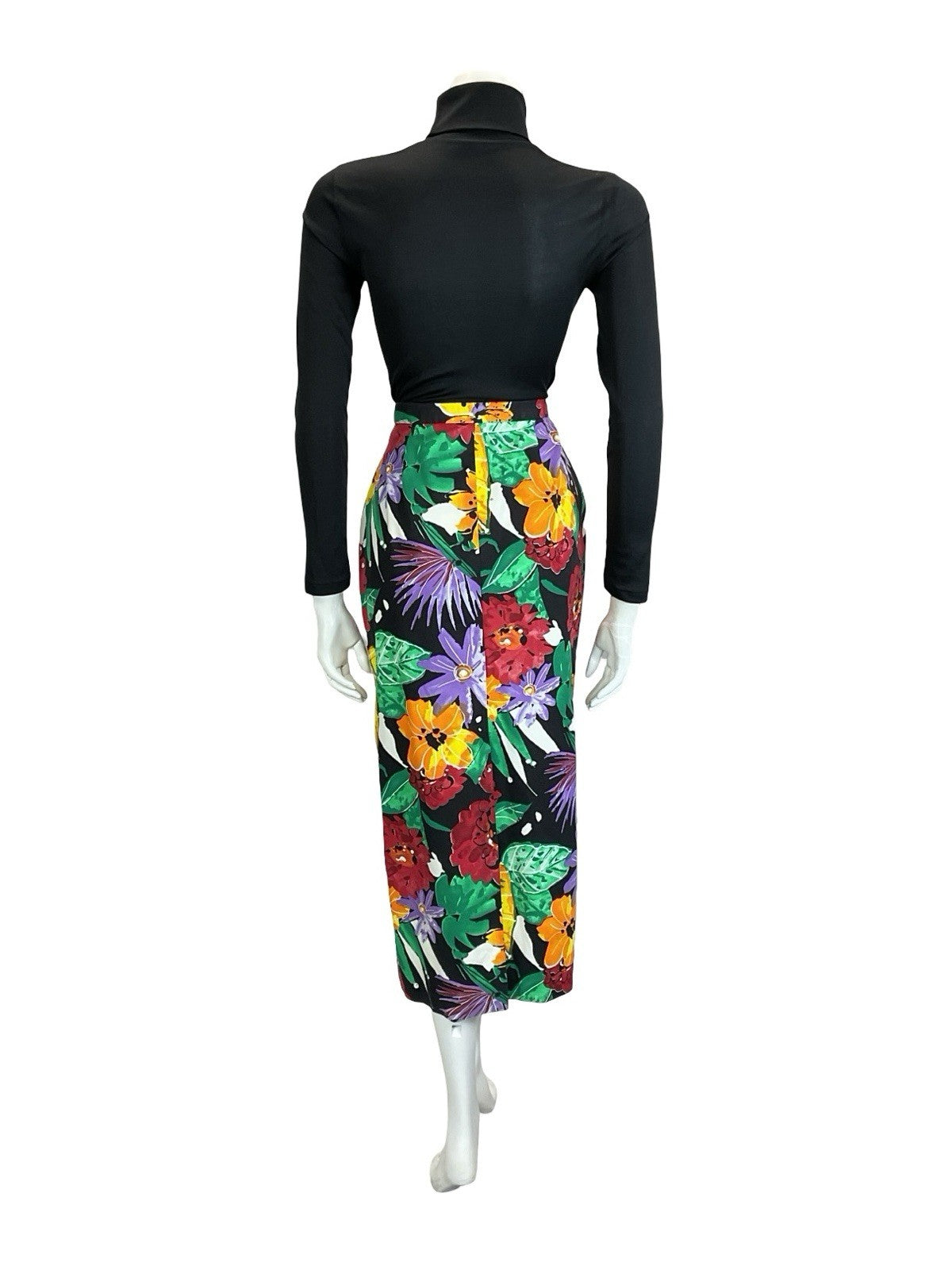 VTG 70S BLACK RED GREEN PURPLE ORANGE ABSTRACT FLORAL BUTTON DOWN MIDI SKIRT 10