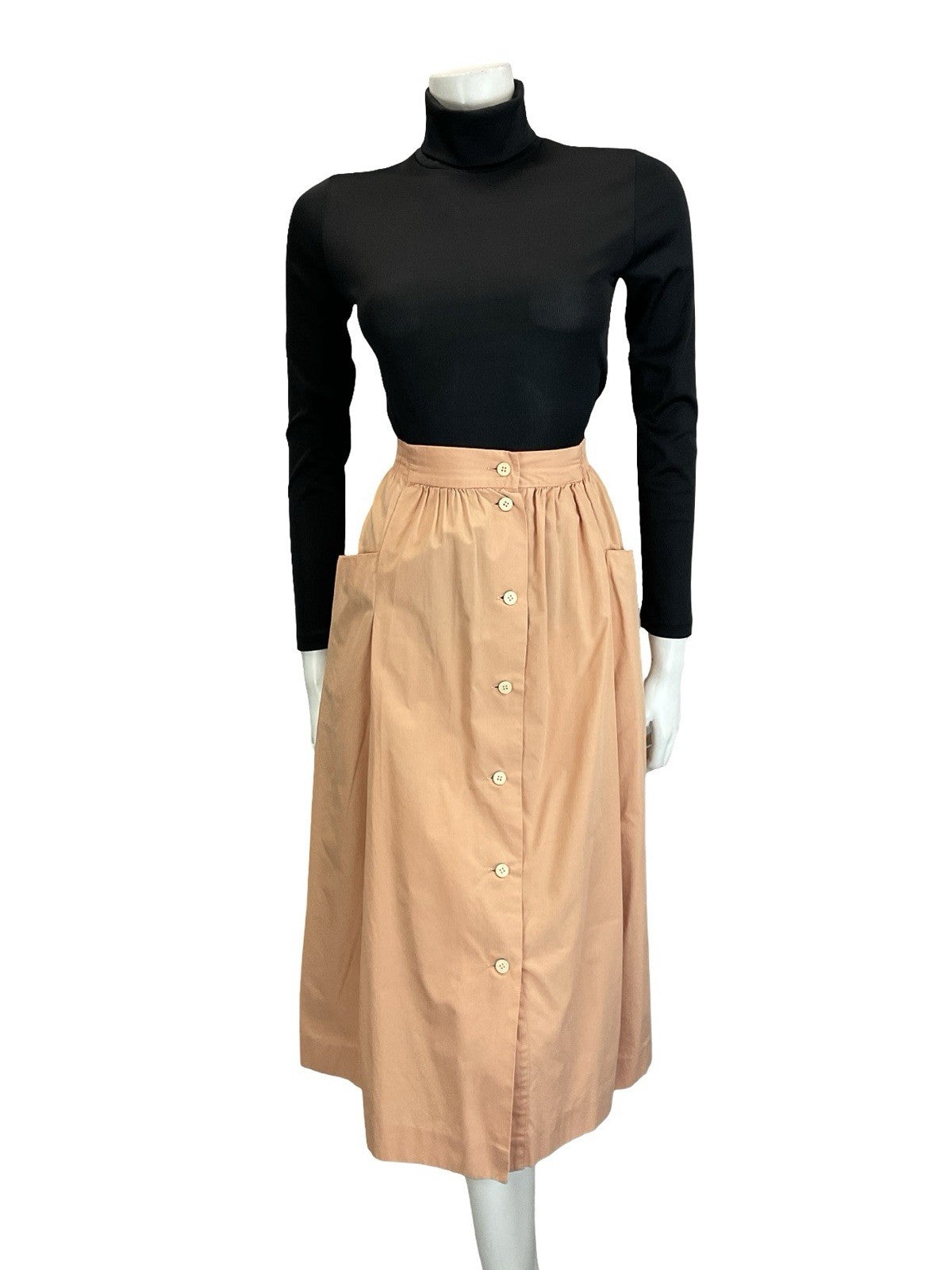 VTG 70S 80s PEACH ORANGE ELASTICATED WAIST BUTTON DOWN MIDI SKIRT W POCKETS 16 L