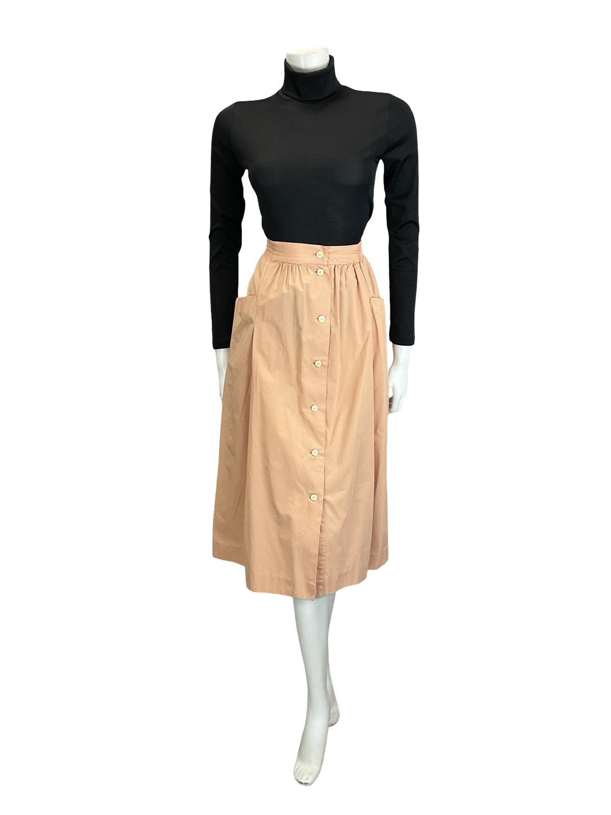 VTG 70S 80s PEACH ORANGE ELASTICATED WAIST BUTTON DOWN MIDI SKIRT W POCKETS 16 L