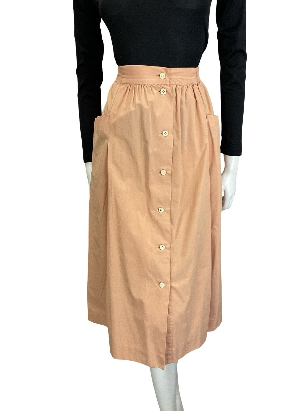VTG 70S 80s PEACH ORANGE ELASTICATED WAIST BUTTON DOWN MIDI SKIRT W POCKETS 16 L
