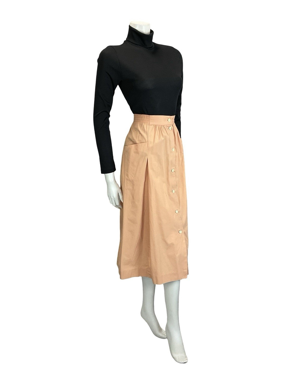 VTG 70S 80s PEACH ORANGE ELASTICATED WAIST BUTTON DOWN MIDI SKIRT W POCKETS 16 L