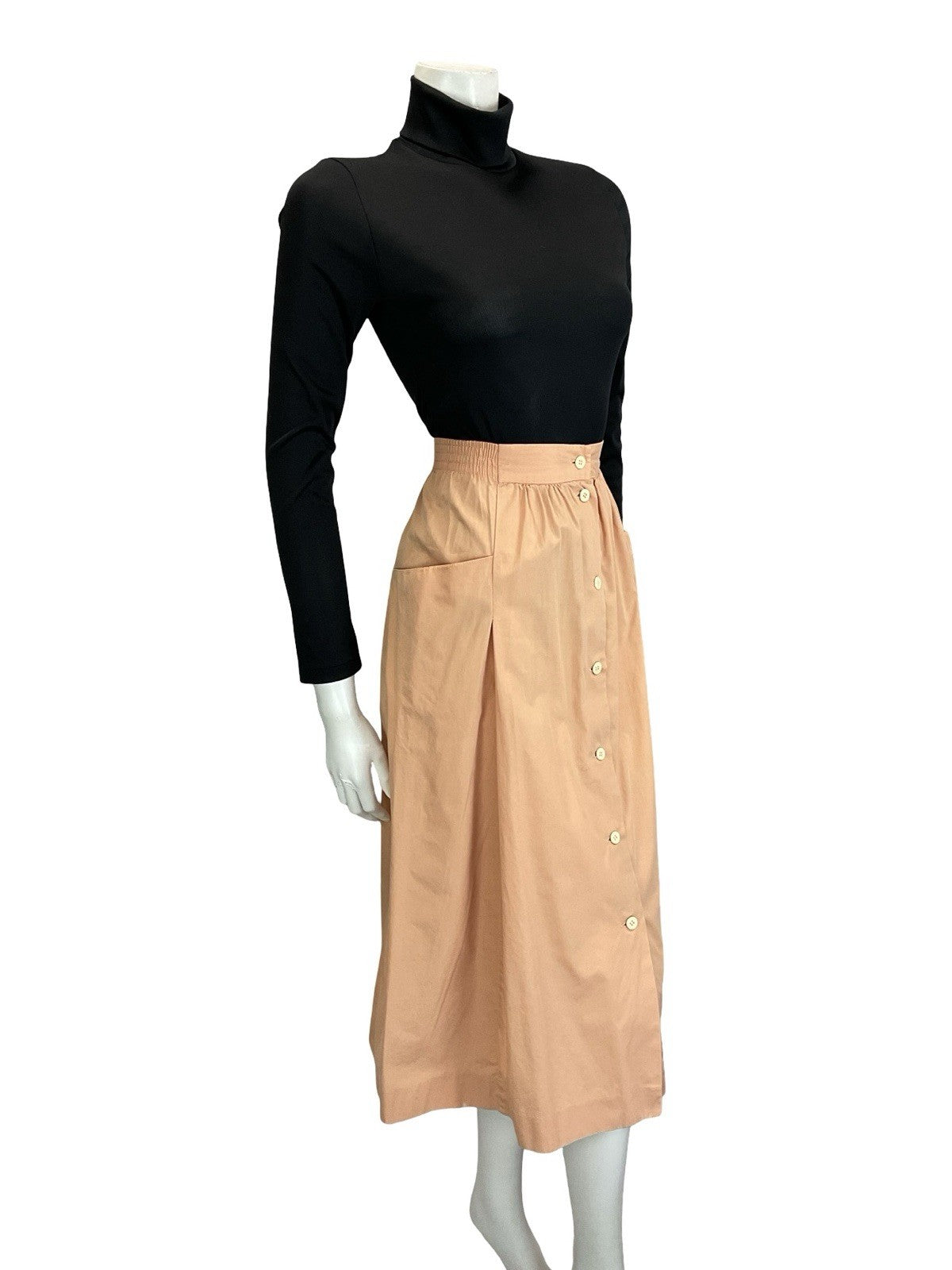 VTG 70S 80s PEACH ORANGE ELASTICATED WAIST BUTTON DOWN MIDI SKIRT W POCKETS 16 L
