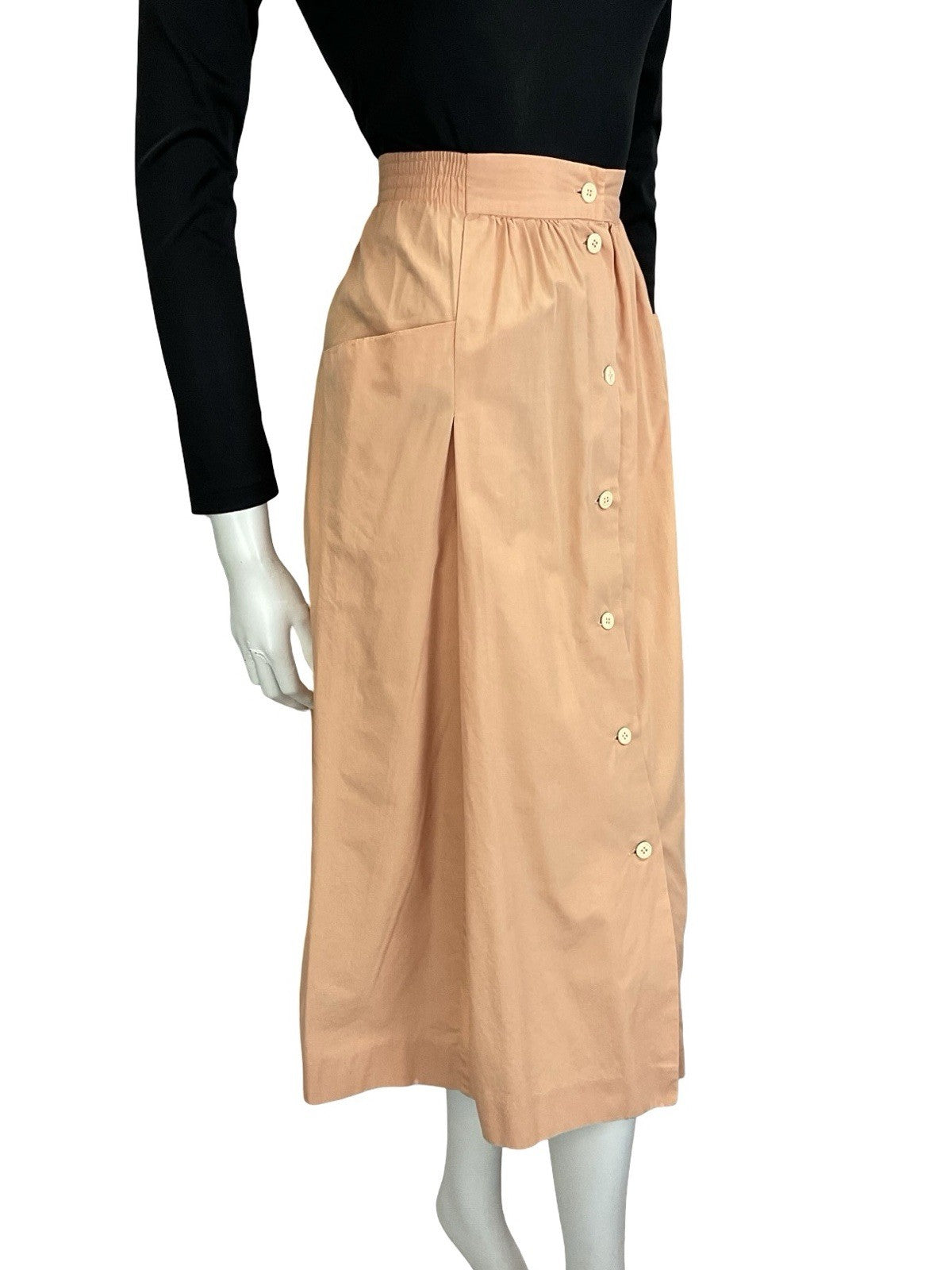 VTG 70S 80s PEACH ORANGE ELASTICATED WAIST BUTTON DOWN MIDI SKIRT W POCKETS 16 L