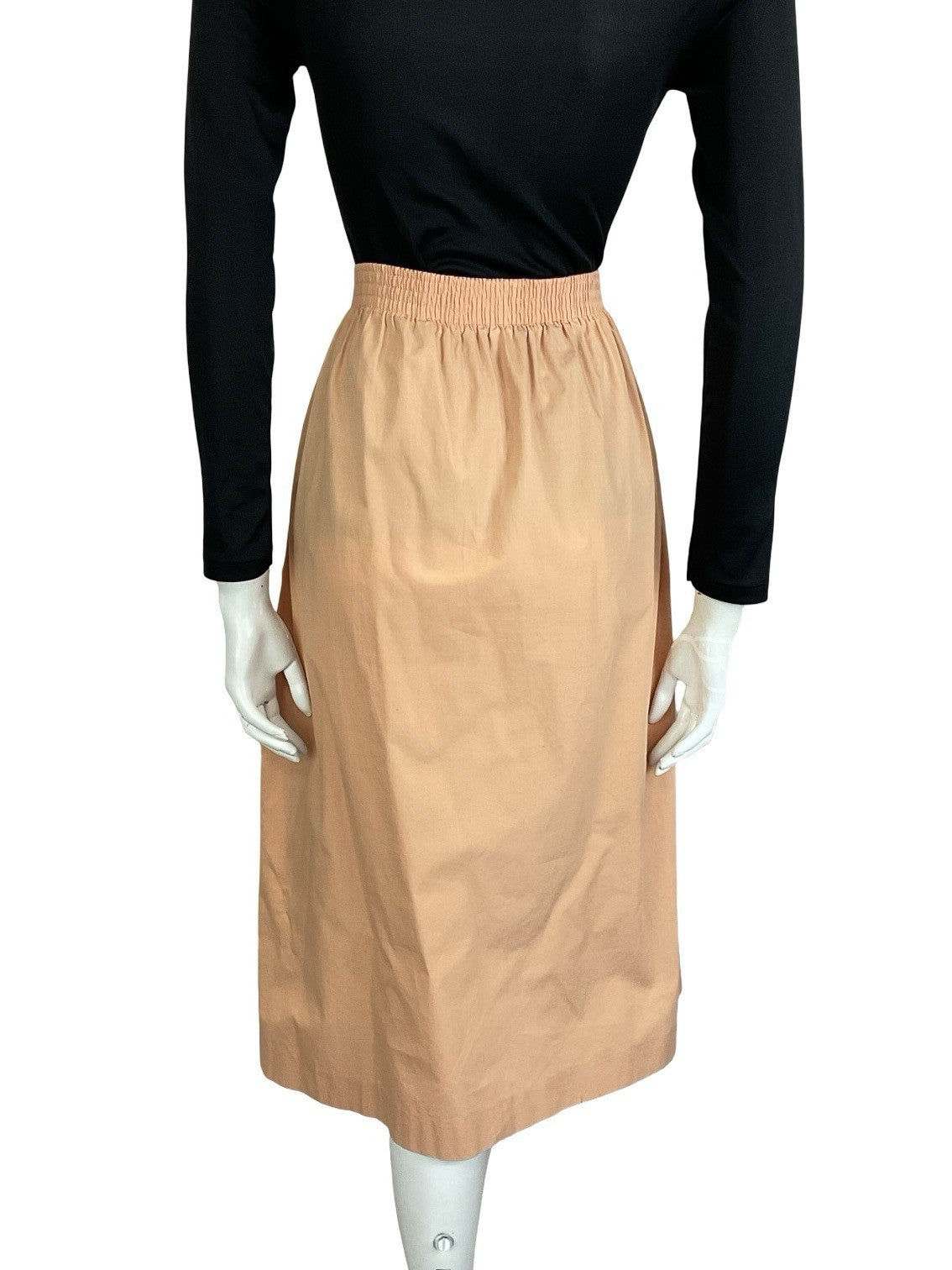 VTG 70S 80s PEACH ORANGE ELASTICATED WAIST BUTTON DOWN MIDI SKIRT W POCKETS 16 L