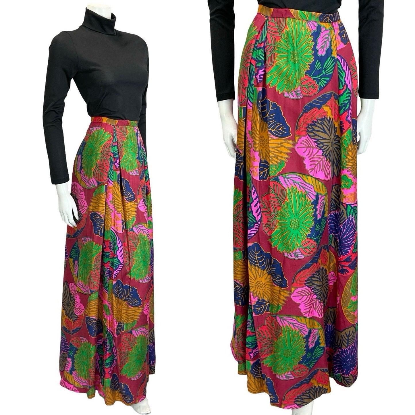 VTG 70S RED PINK BLUE YELLOW PSYCHEDELIC FLORAL LEAF PLEATED MAXI SKIRT 8