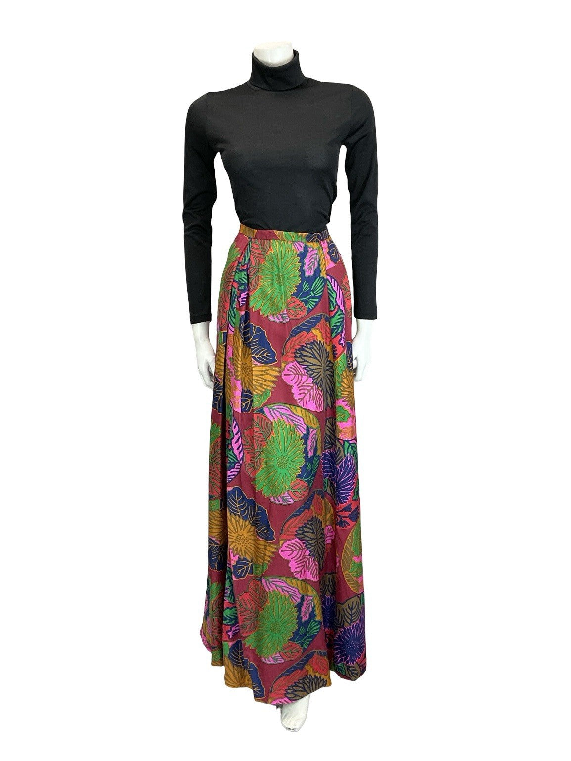 VTG 70S RED PINK BLUE YELLOW PSYCHEDELIC FLORAL LEAF PLEATED MAXI SKIRT 8