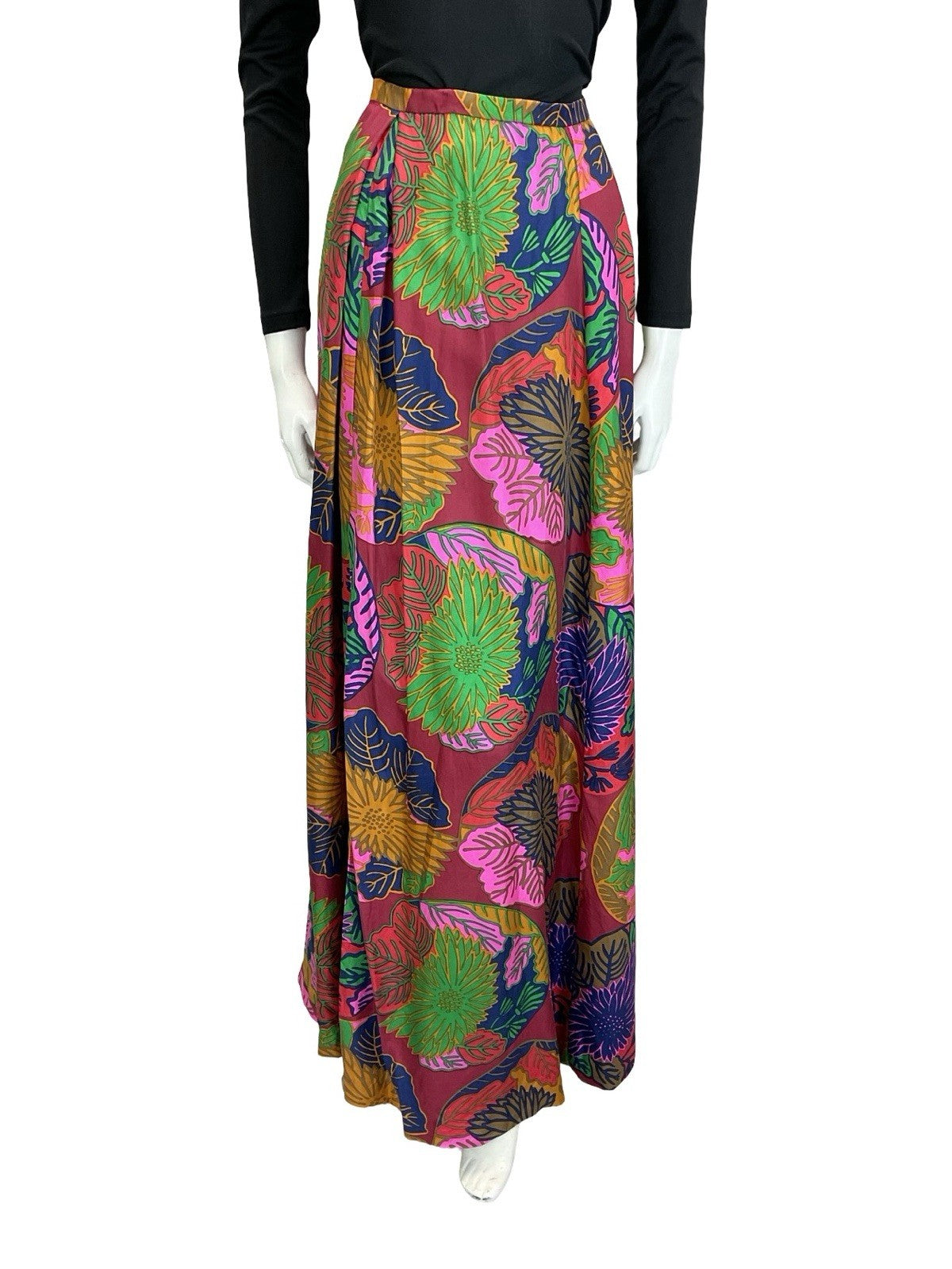 VTG 70S RED PINK BLUE YELLOW PSYCHEDELIC FLORAL LEAF PLEATED MAXI SKIRT 8