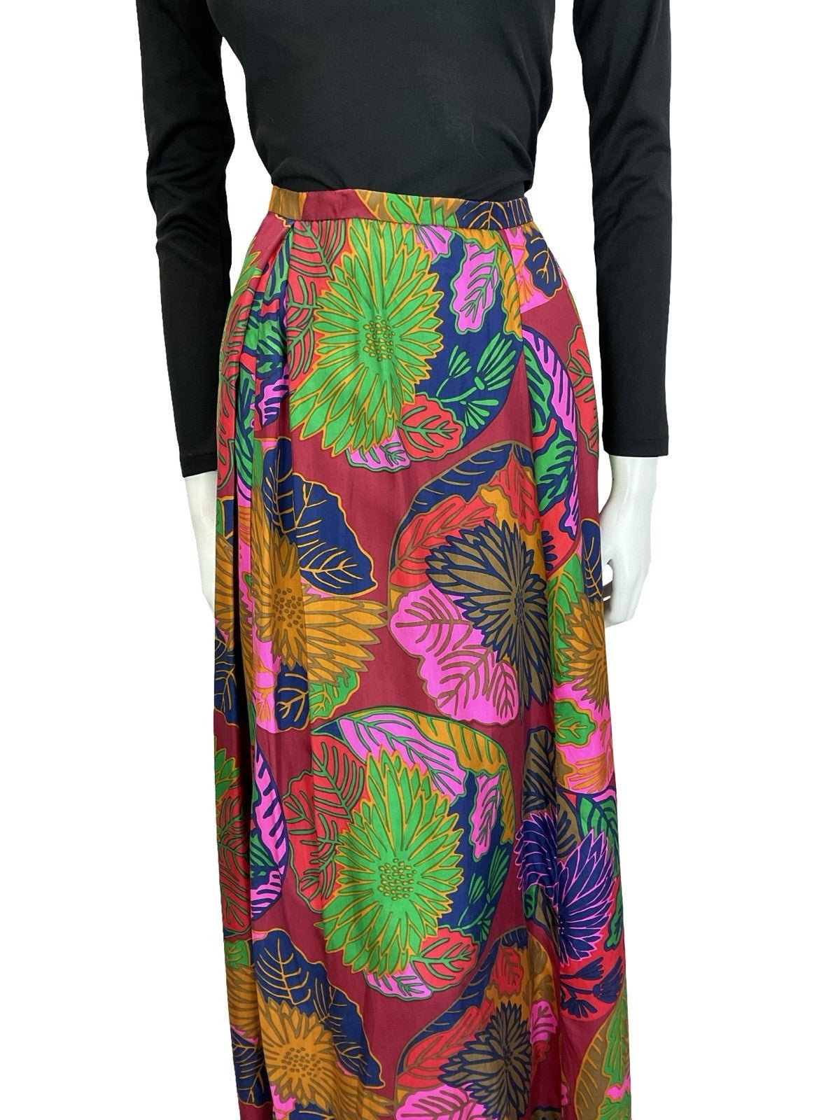 VTG 70S RED PINK BLUE YELLOW PSYCHEDELIC FLORAL LEAF PLEATED MAXI SKIRT 8
