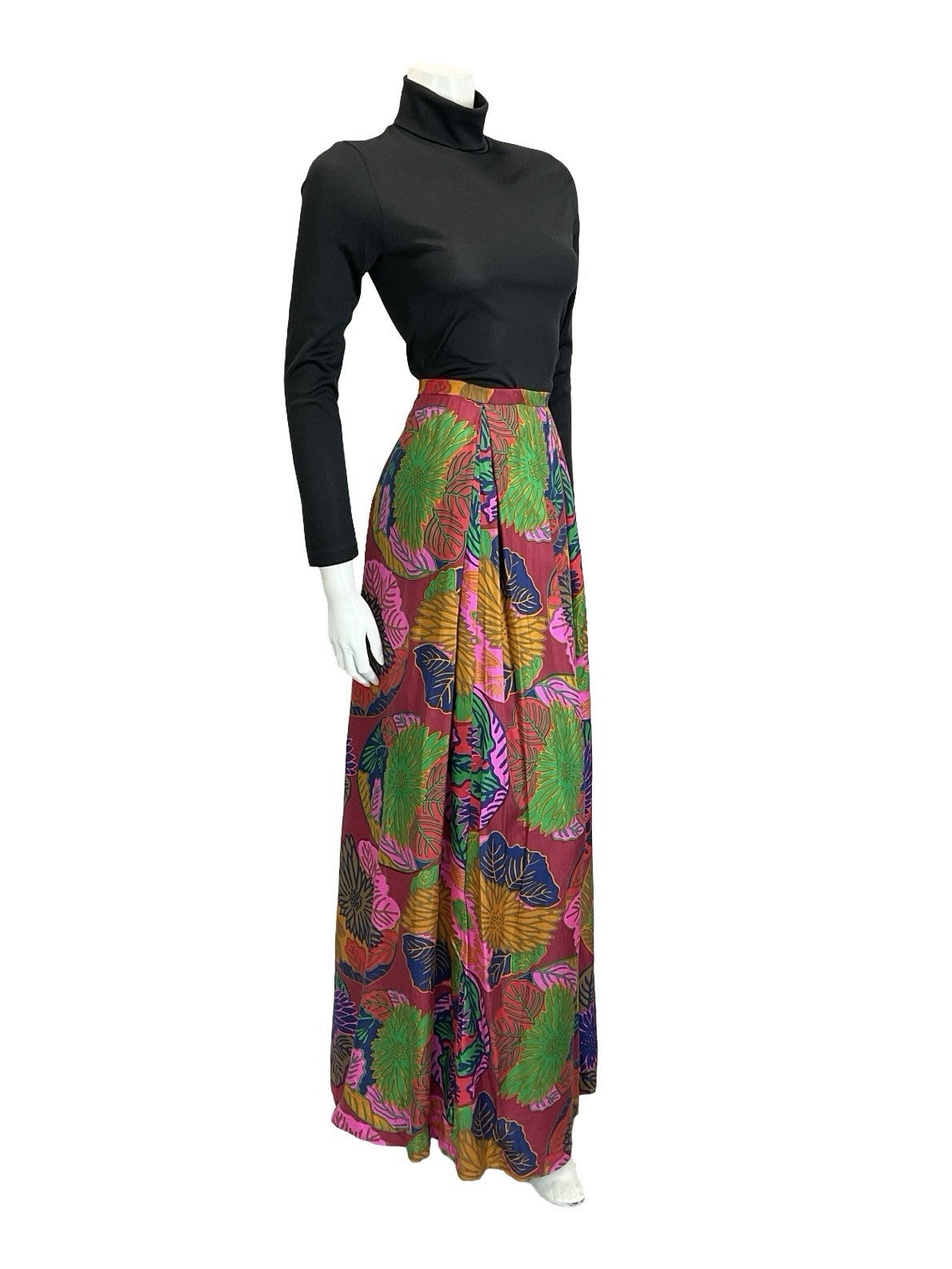 VTG 70S RED PINK BLUE YELLOW PSYCHEDELIC FLORAL LEAF PLEATED MAXI SKIRT 8