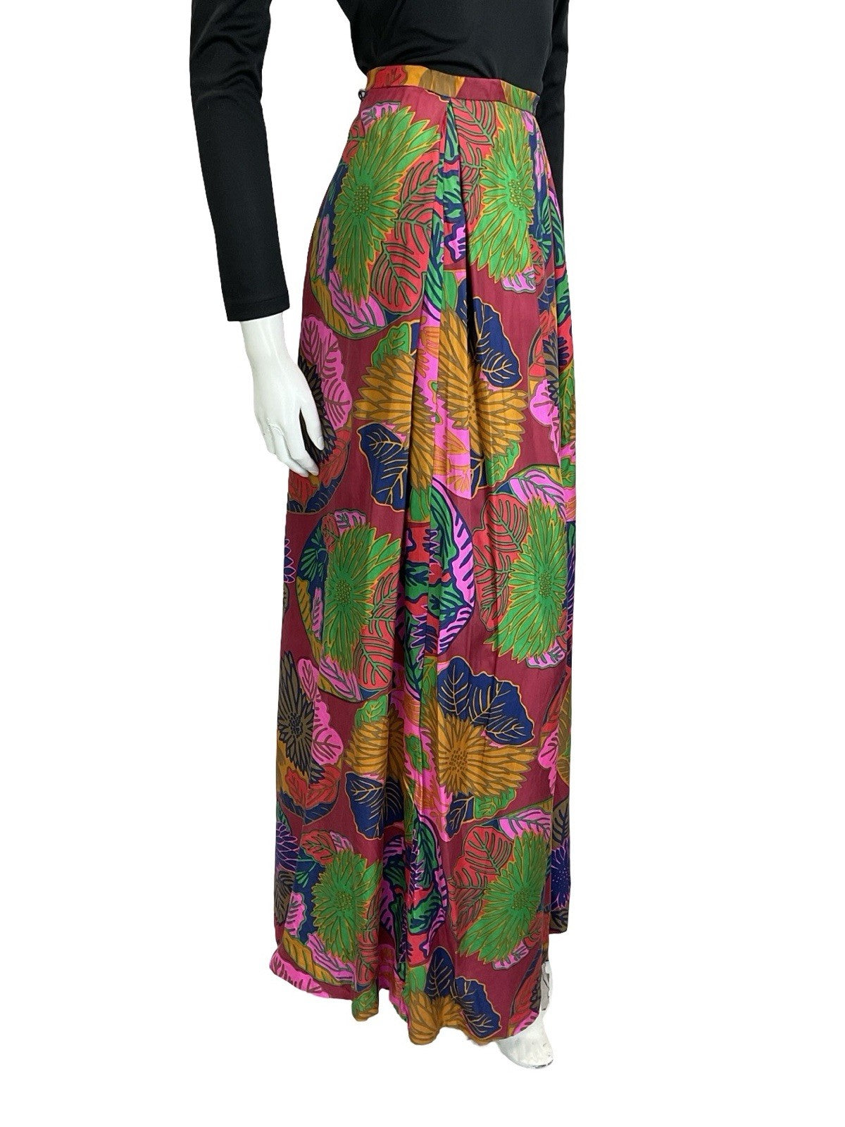 VTG 70S RED PINK BLUE YELLOW PSYCHEDELIC FLORAL LEAF PLEATED MAXI SKIRT 8