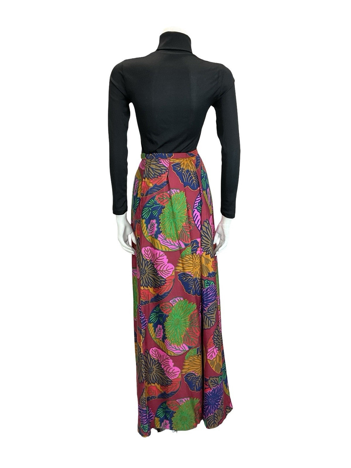 VTG 70S RED PINK BLUE YELLOW PSYCHEDELIC FLORAL LEAF PLEATED MAXI SKIRT 8