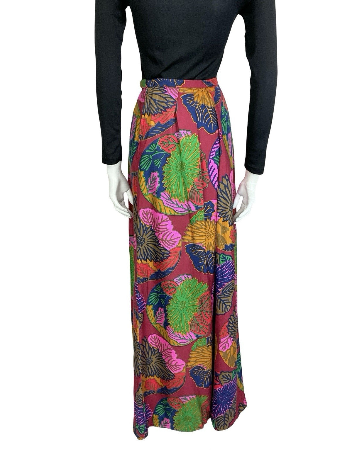 VTG 70S RED PINK BLUE YELLOW PSYCHEDELIC FLORAL LEAF PLEATED MAXI SKIRT 8