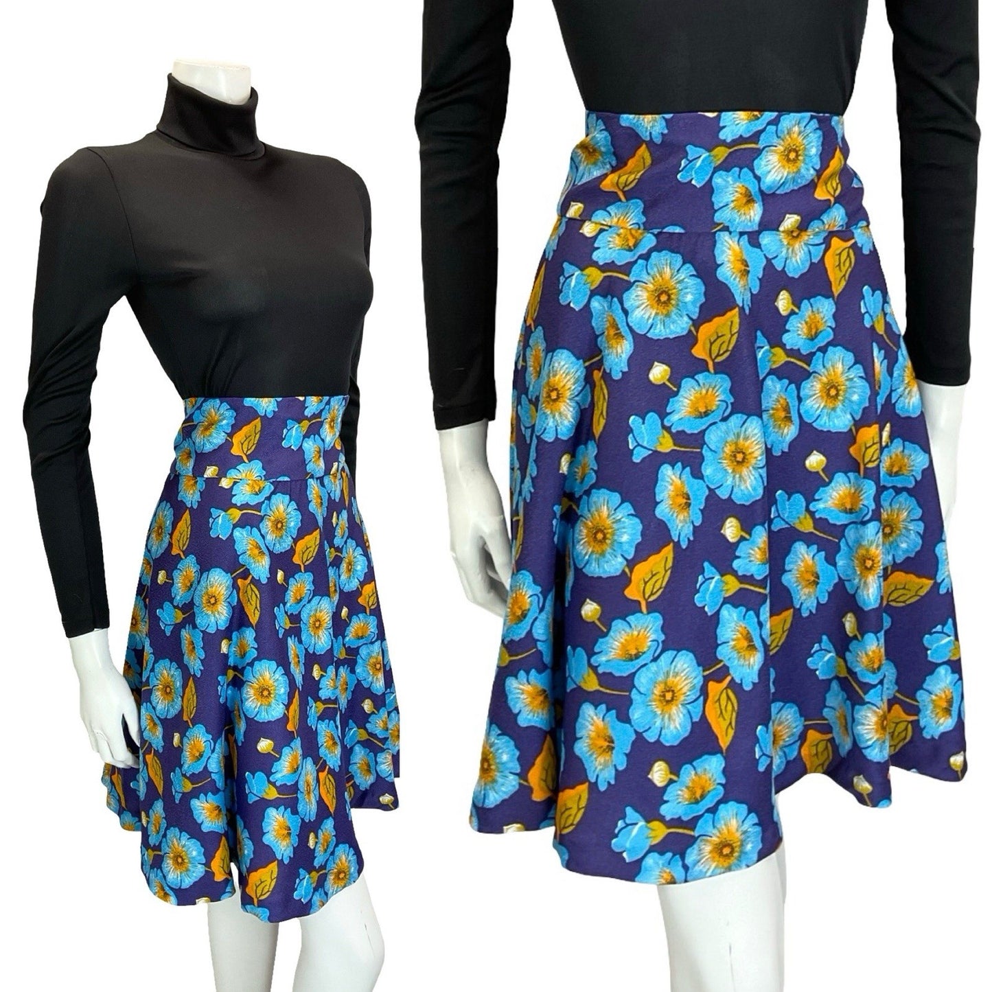 VTG 60S 70S BLUE YELLOW FLORAL MOD SWING CIRCLE MINI SKIRT 14