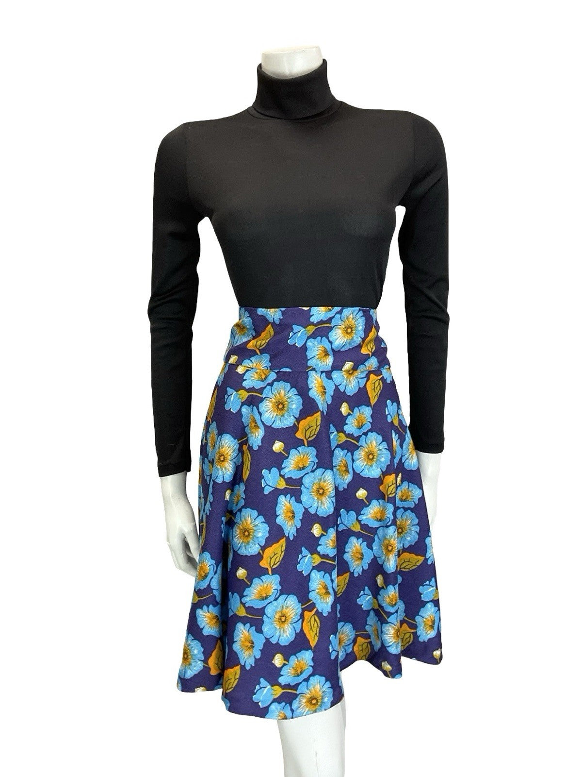 VTG 60S 70S BLUE YELLOW FLORAL MOD SWING CIRCLE MINI SKIRT 14