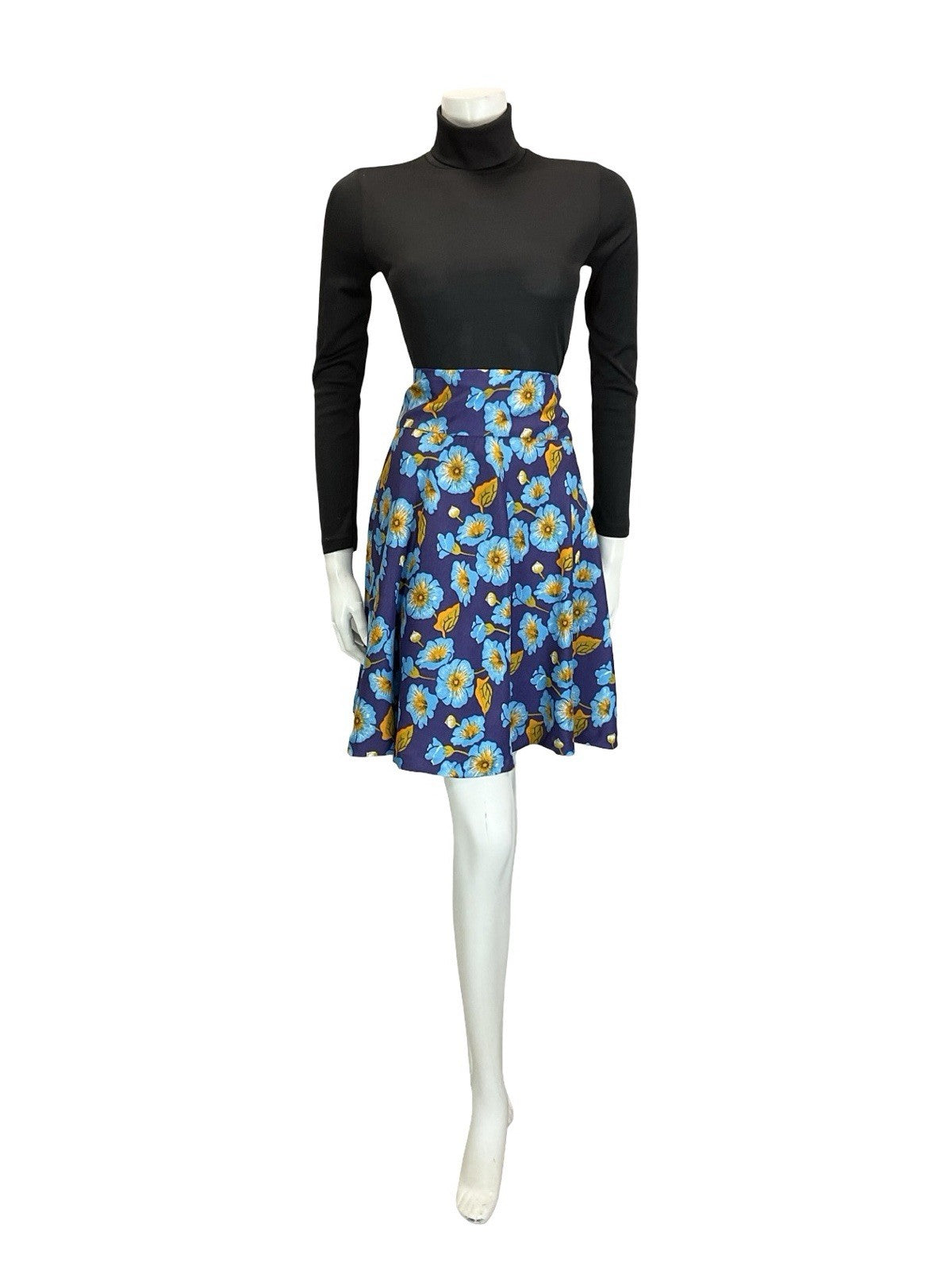 VTG 60S 70S BLUE YELLOW FLORAL MOD SWING CIRCLE MINI SKIRT 14