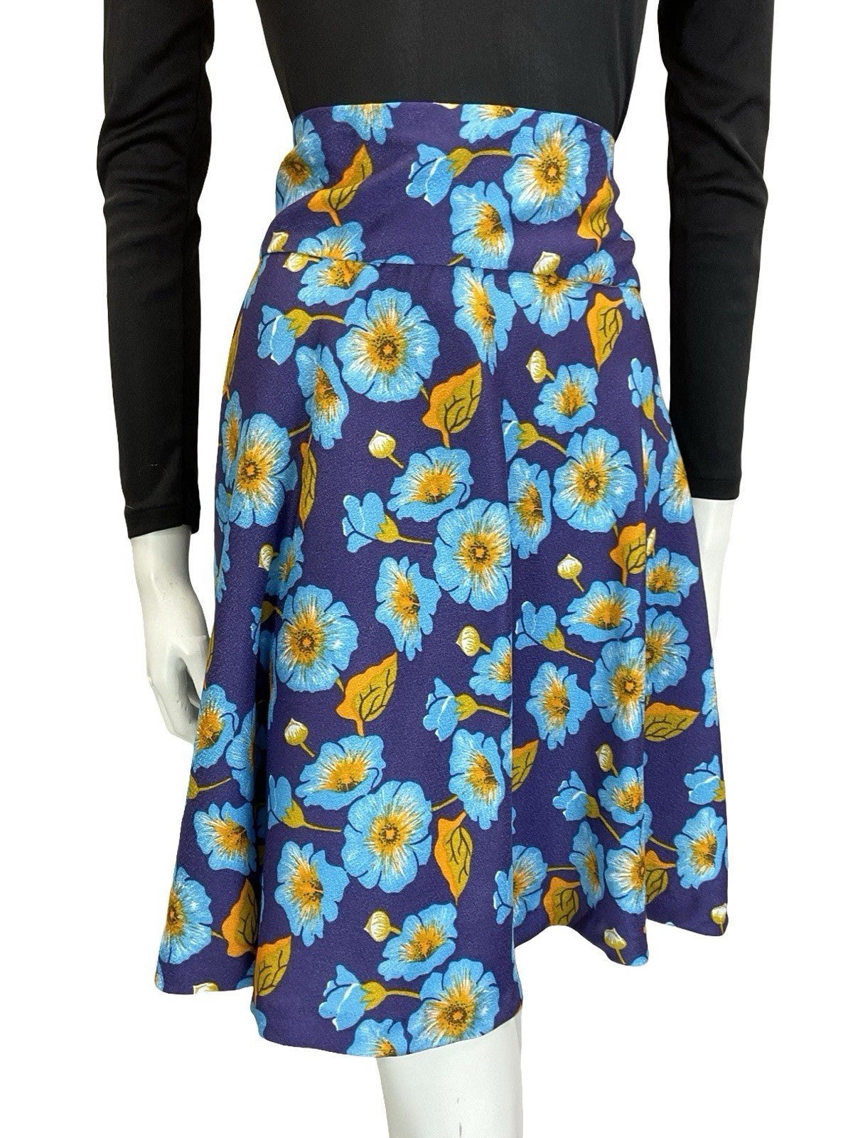 VTG 60S 70S BLUE YELLOW FLORAL MOD SWING CIRCLE MINI SKIRT 14