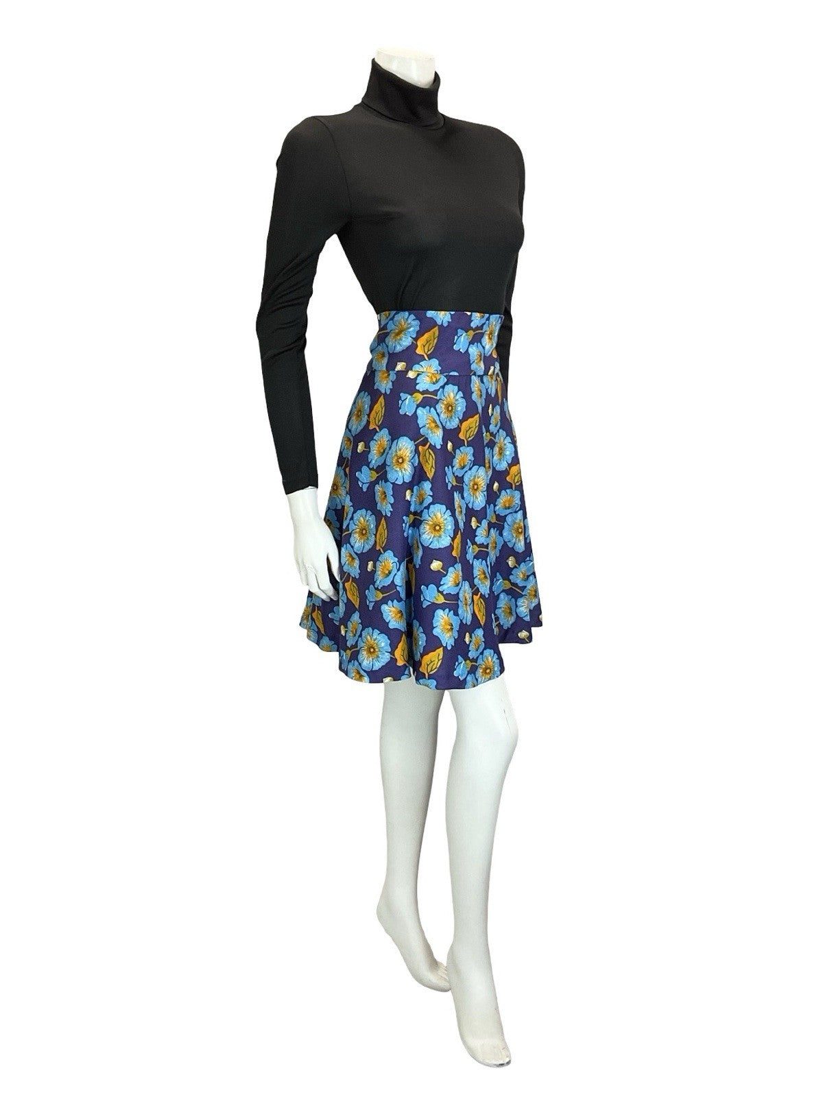 VTG 60S 70S BLUE YELLOW FLORAL MOD SWING CIRCLE MINI SKIRT 14