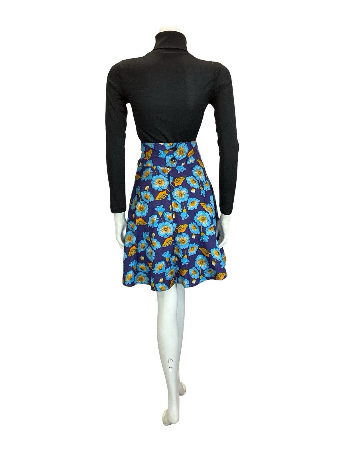 VTG 60S 70S BLUE YELLOW FLORAL MOD SWING CIRCLE MINI SKIRT 14