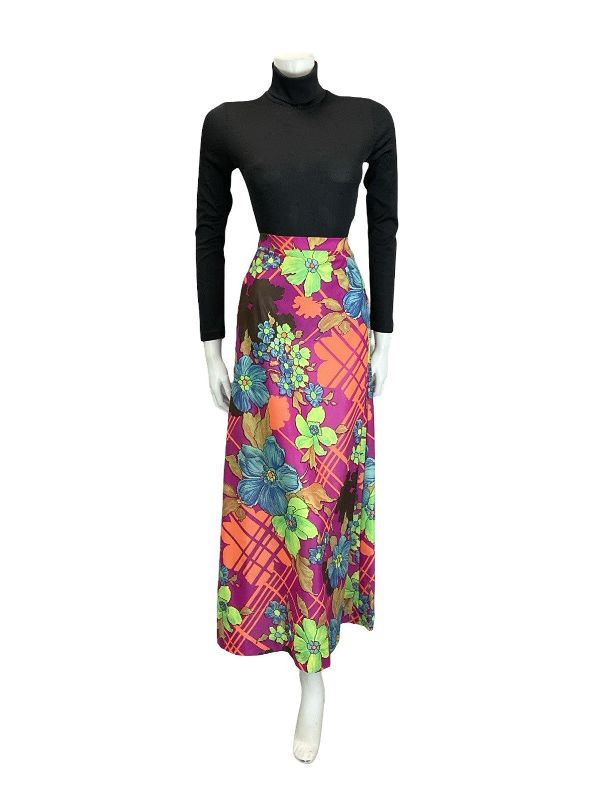 VTG 60S 70S PINK ORANGE GREEN BLUE PSYCHEDELIC GEOMETRIC FLORAL MAXI SKIRT 8
