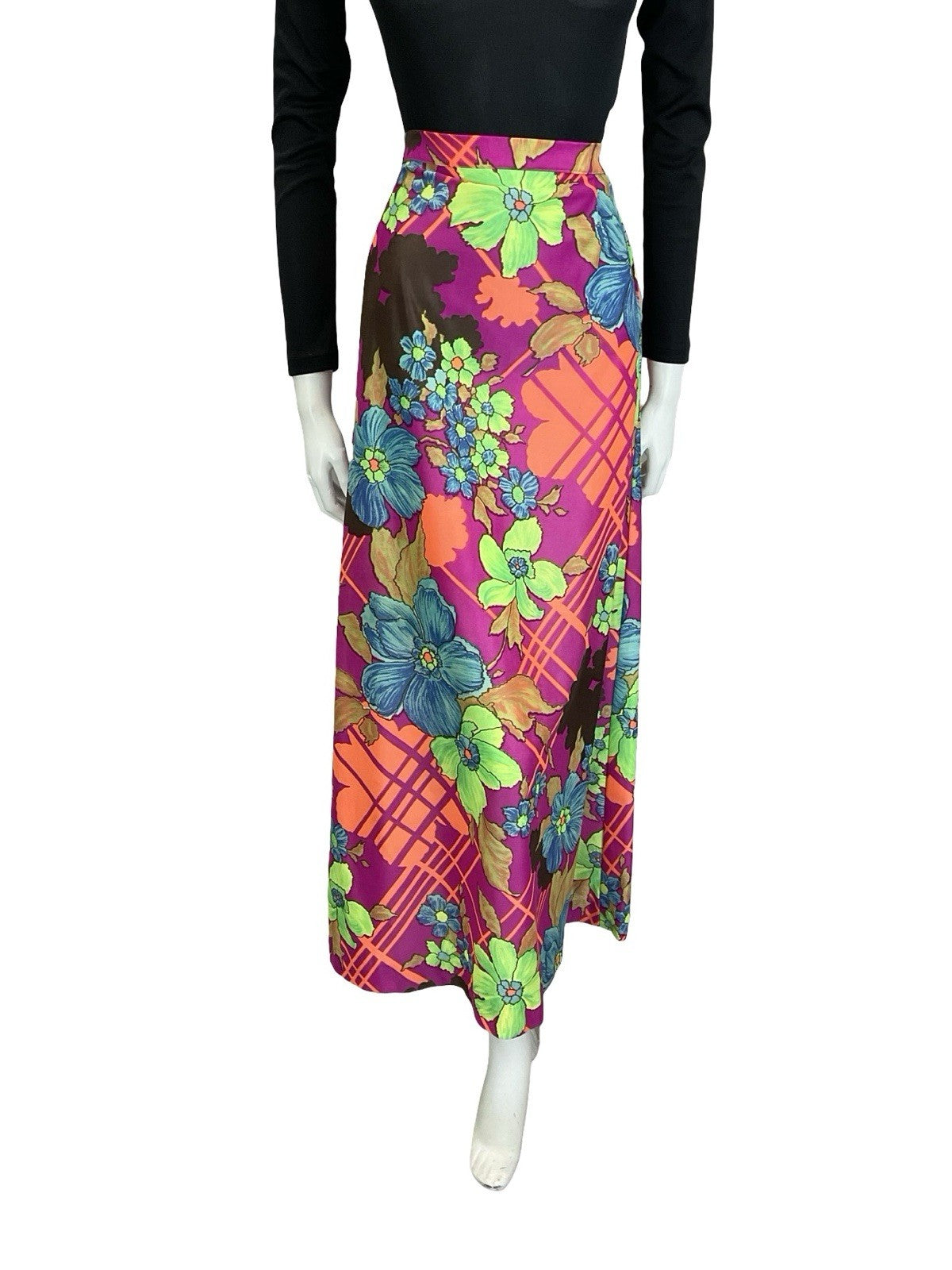 VTG 60S 70S PINK ORANGE GREEN BLUE PSYCHEDELIC GEOMETRIC FLORAL MAXI SKIRT 8