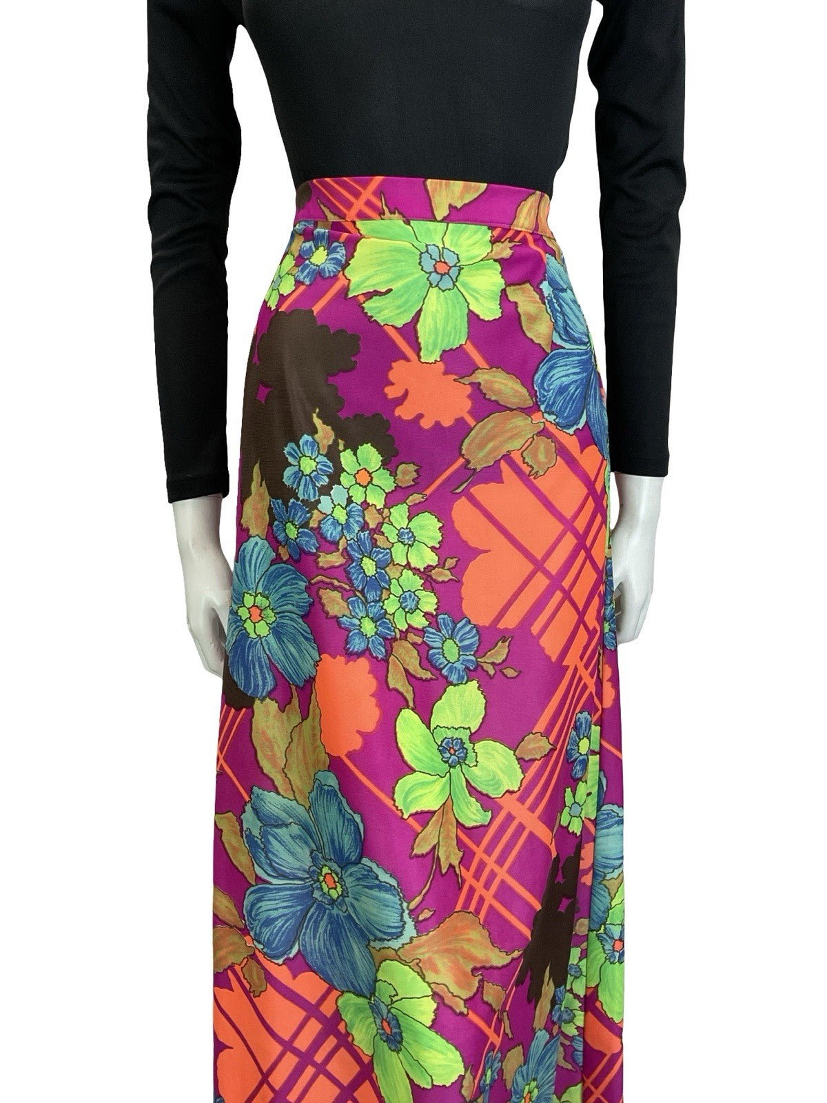 VTG 60S 70S PINK ORANGE GREEN BLUE PSYCHEDELIC GEOMETRIC FLORAL MAXI SKIRT 8