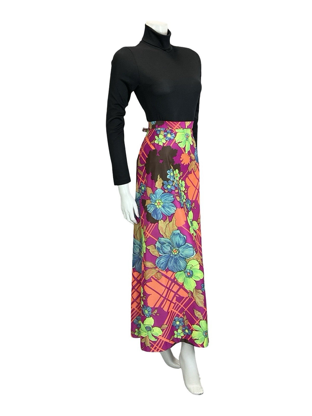 VTG 60S 70S PINK ORANGE GREEN BLUE PSYCHEDELIC GEOMETRIC FLORAL MAXI SKIRT 8