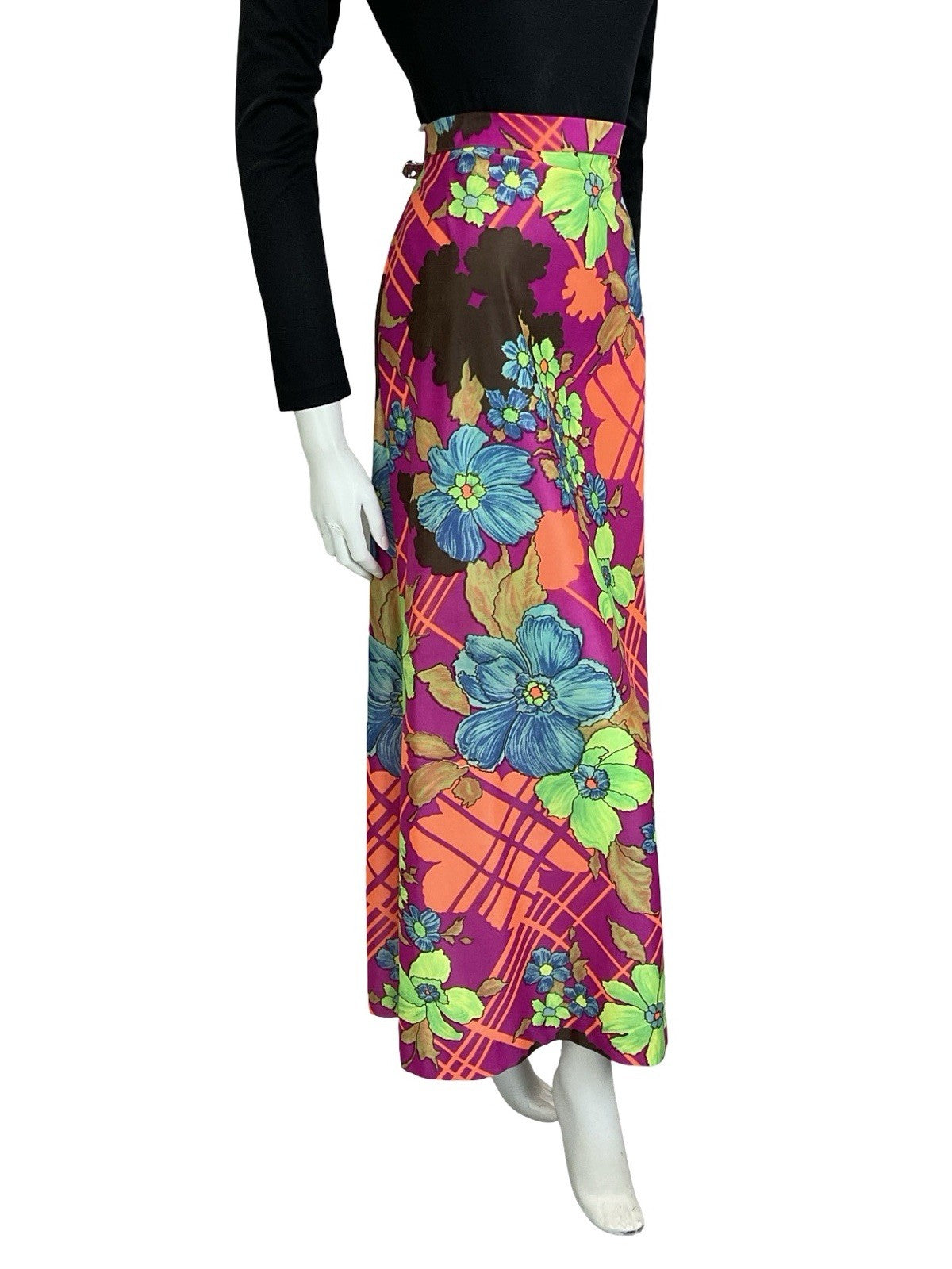 VTG 60S 70S PINK ORANGE GREEN BLUE PSYCHEDELIC GEOMETRIC FLORAL MAXI SKIRT 8