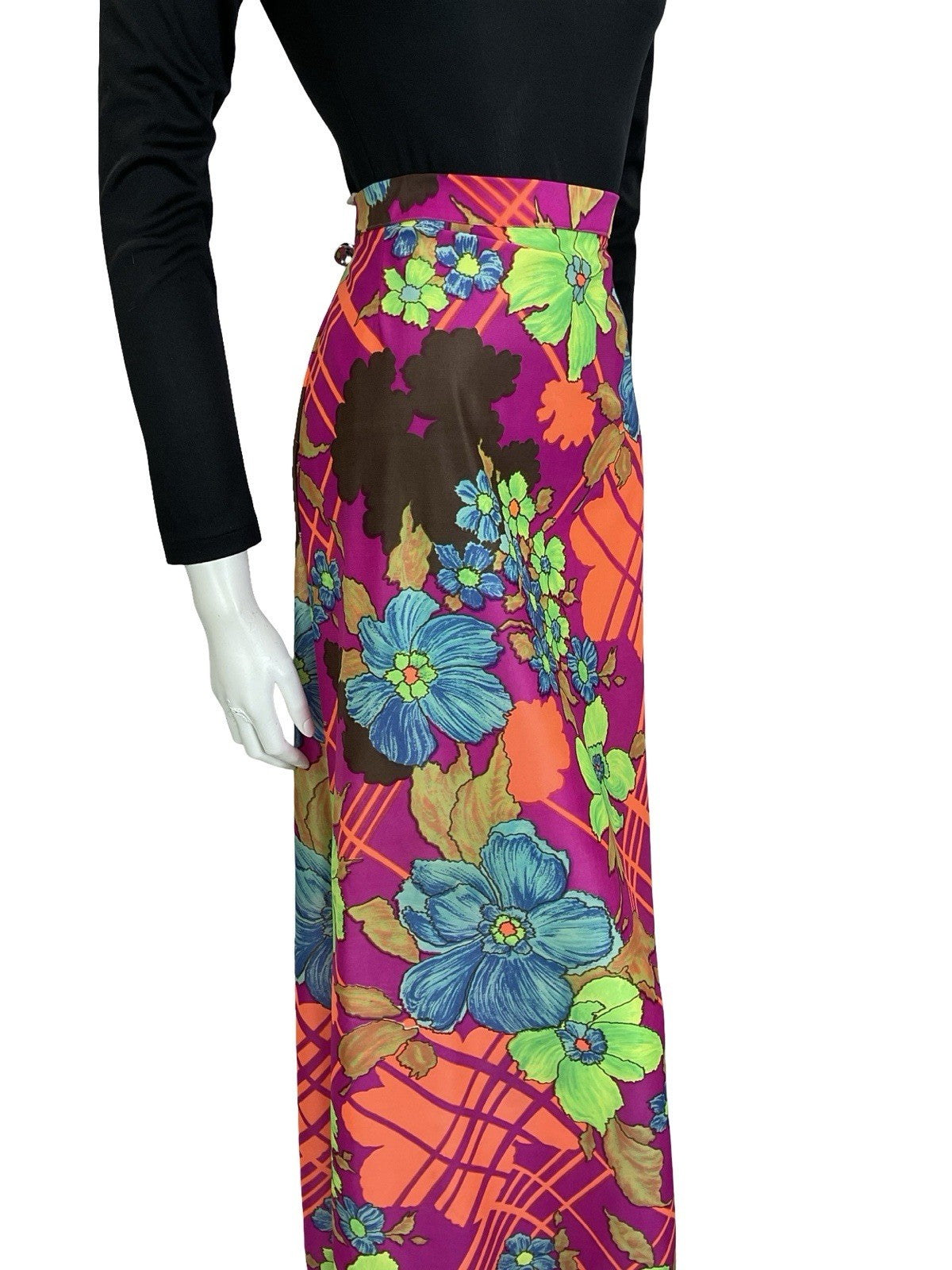 VTG 60S 70S PINK ORANGE GREEN BLUE PSYCHEDELIC GEOMETRIC FLORAL MAXI SKIRT 8