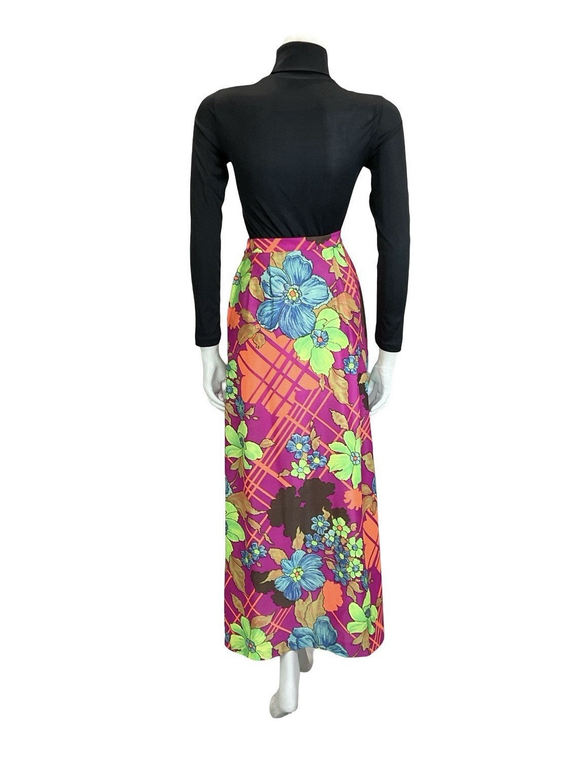 VTG 60S 70S PINK ORANGE GREEN BLUE PSYCHEDELIC GEOMETRIC FLORAL MAXI SKIRT 8