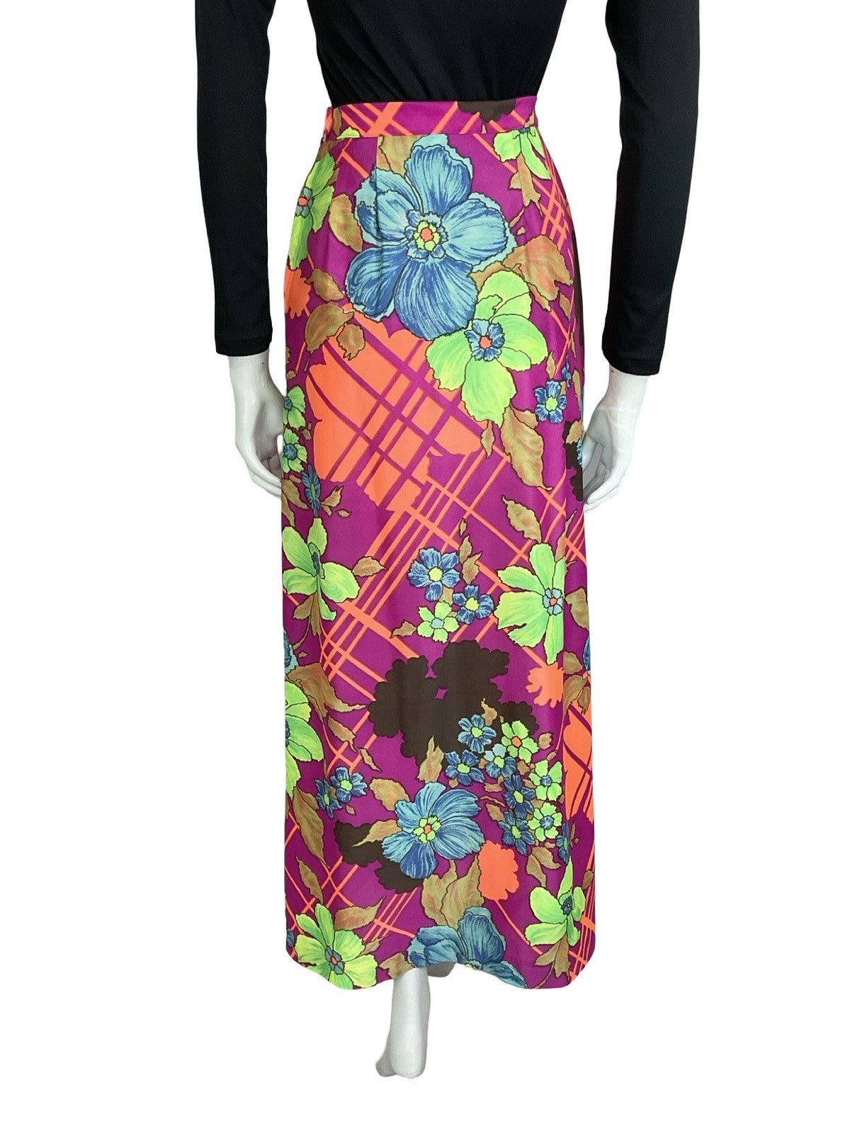 VTG 60S 70S PINK ORANGE GREEN BLUE PSYCHEDELIC GEOMETRIC FLORAL MAXI SKIRT 8