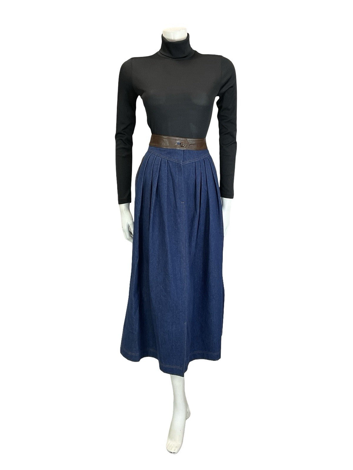 VTG 70S 80S BROWN BLUE FAUX LEATHER DENIM YOKE BASQUE WAIST PLEATED MIDI SKIRT 6