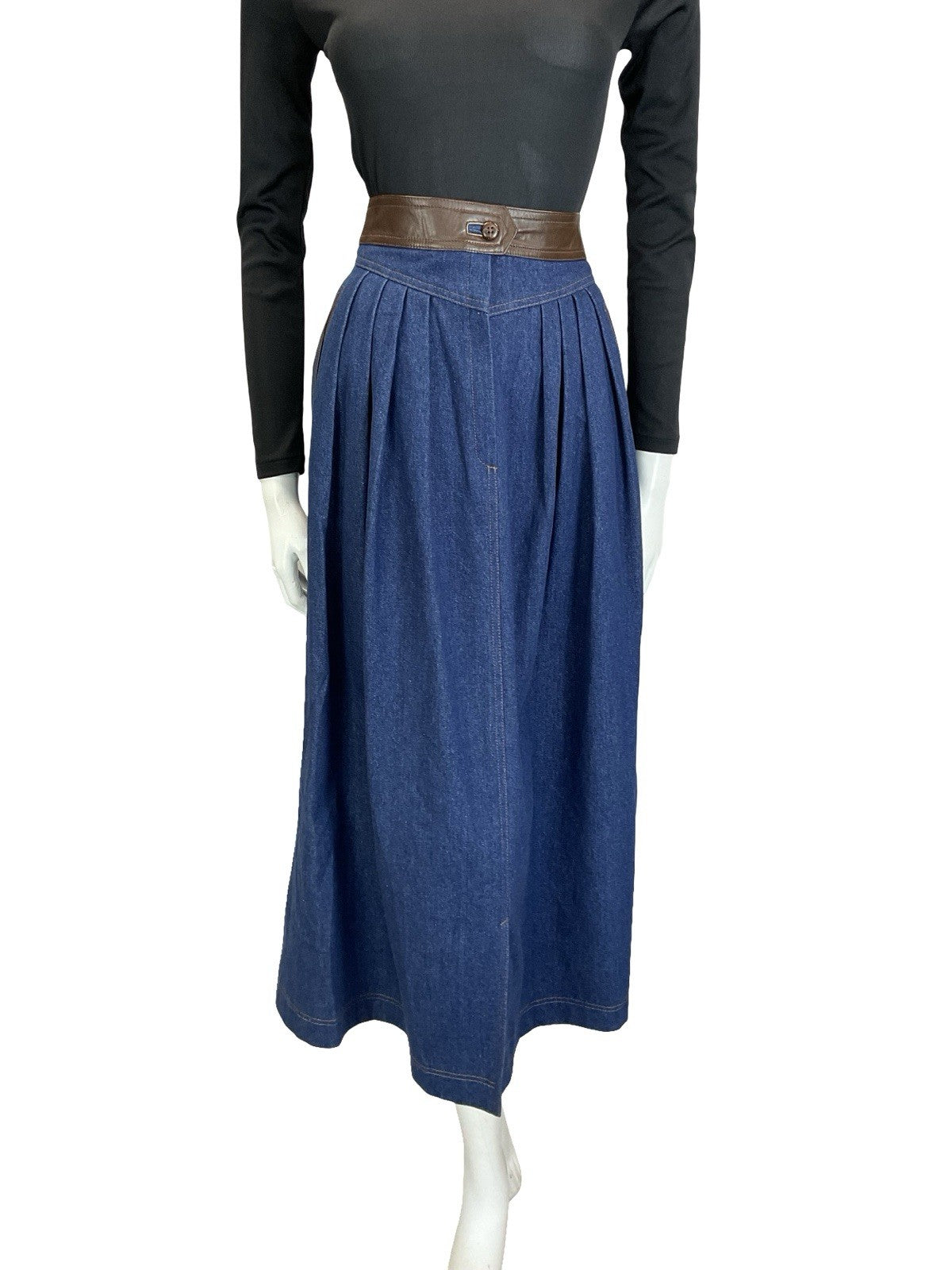 VTG 70S 80S BROWN BLUE FAUX LEATHER DENIM YOKE BASQUE WAIST PLEATED MIDI SKIRT 6