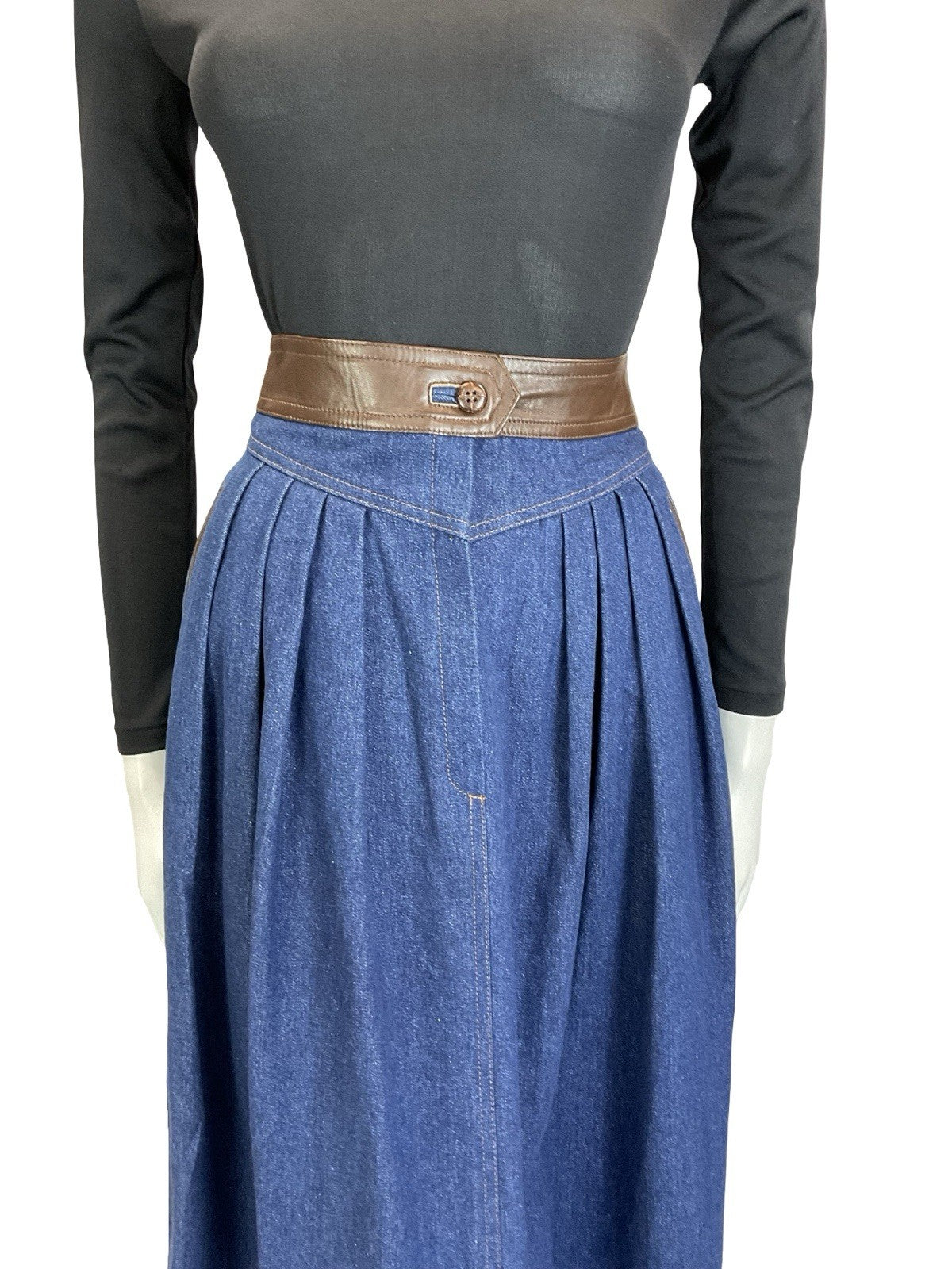 VTG 70S 80S BROWN BLUE FAUX LEATHER DENIM YOKE BASQUE WAIST PLEATED MIDI SKIRT 6