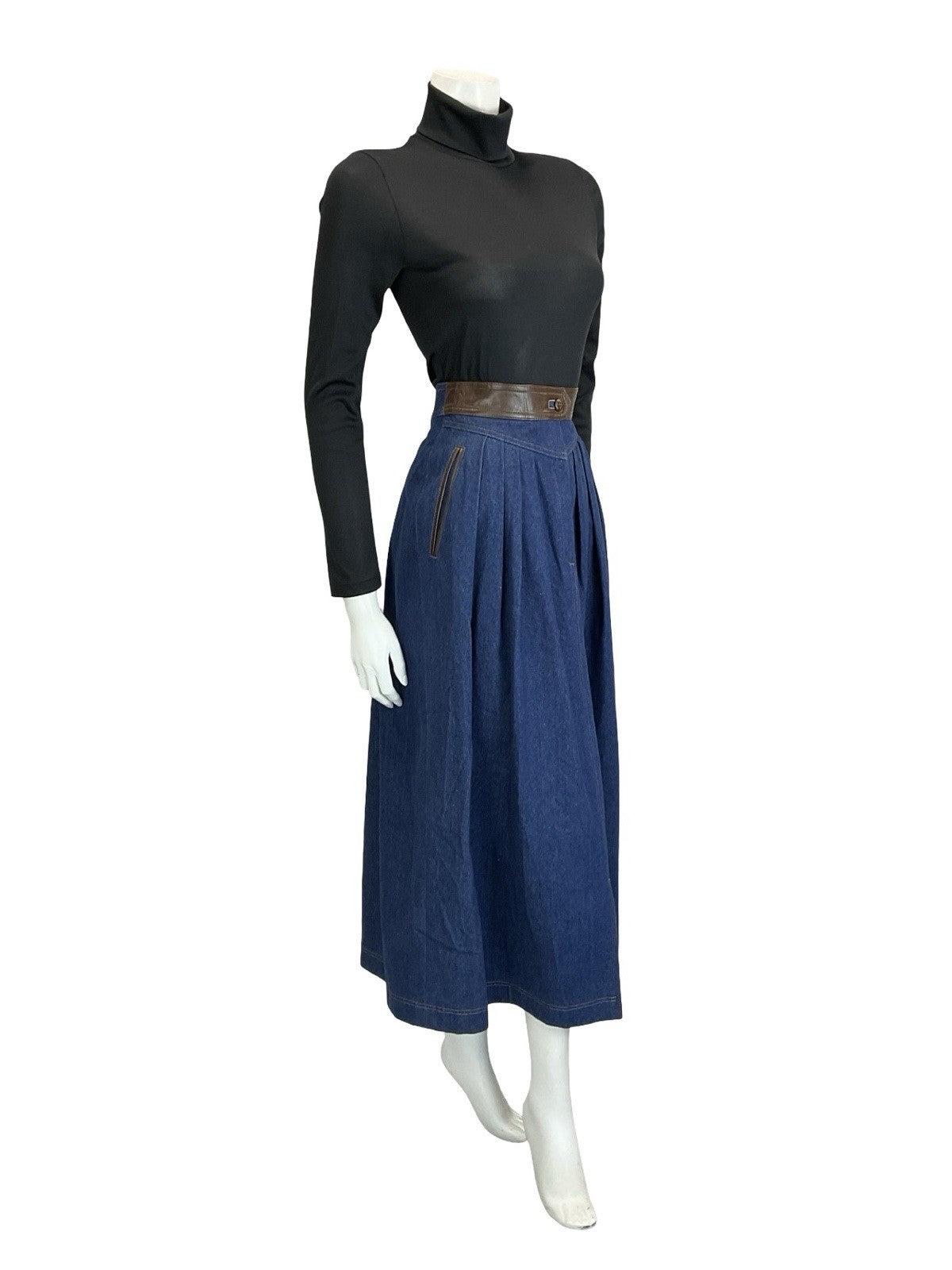 VTG 70S 80S BROWN BLUE FAUX LEATHER DENIM YOKE BASQUE WAIST PLEATED MIDI SKIRT 6