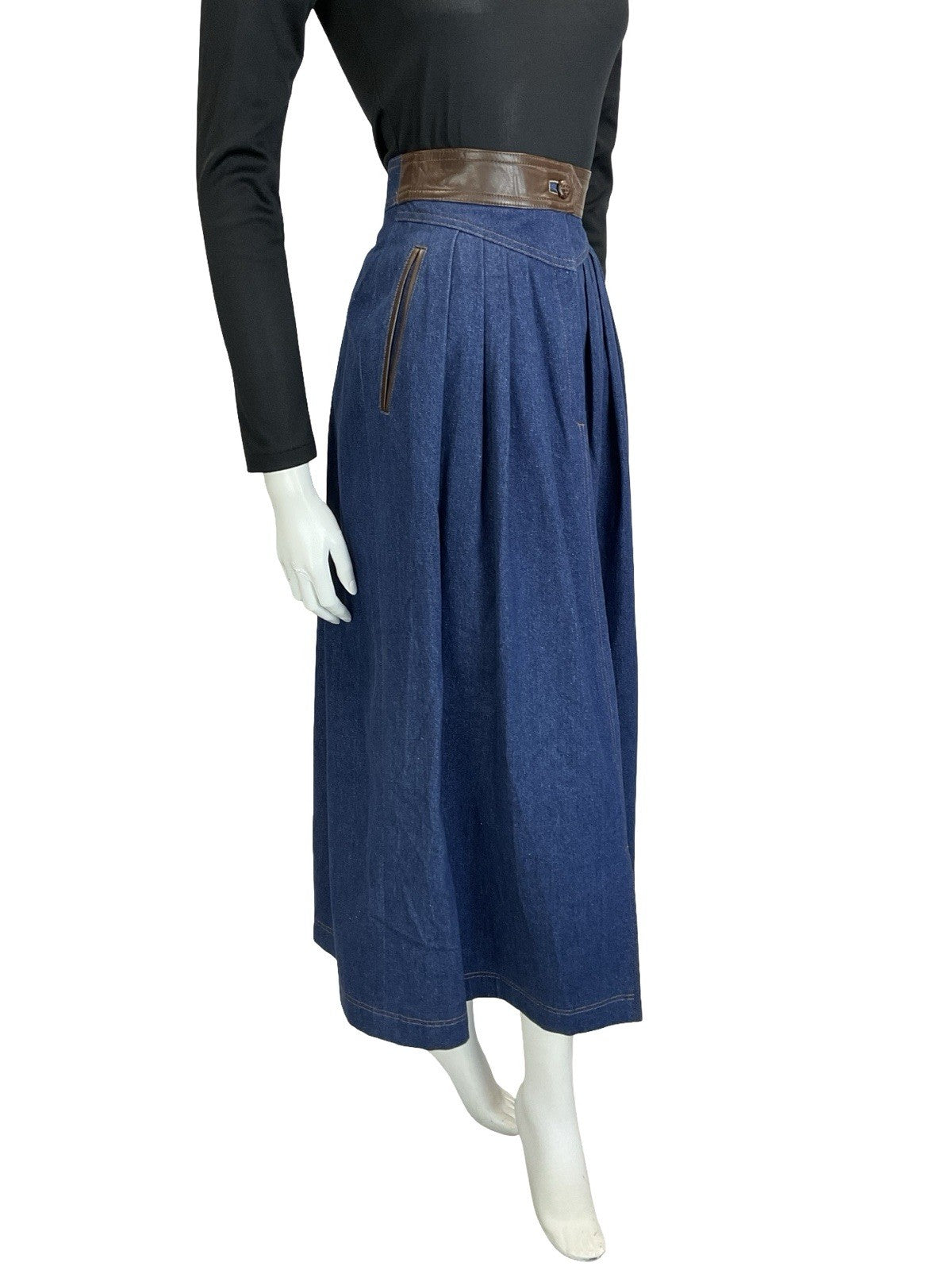 VTG 70S 80S BROWN BLUE FAUX LEATHER DENIM YOKE BASQUE WAIST PLEATED MIDI SKIRT 6