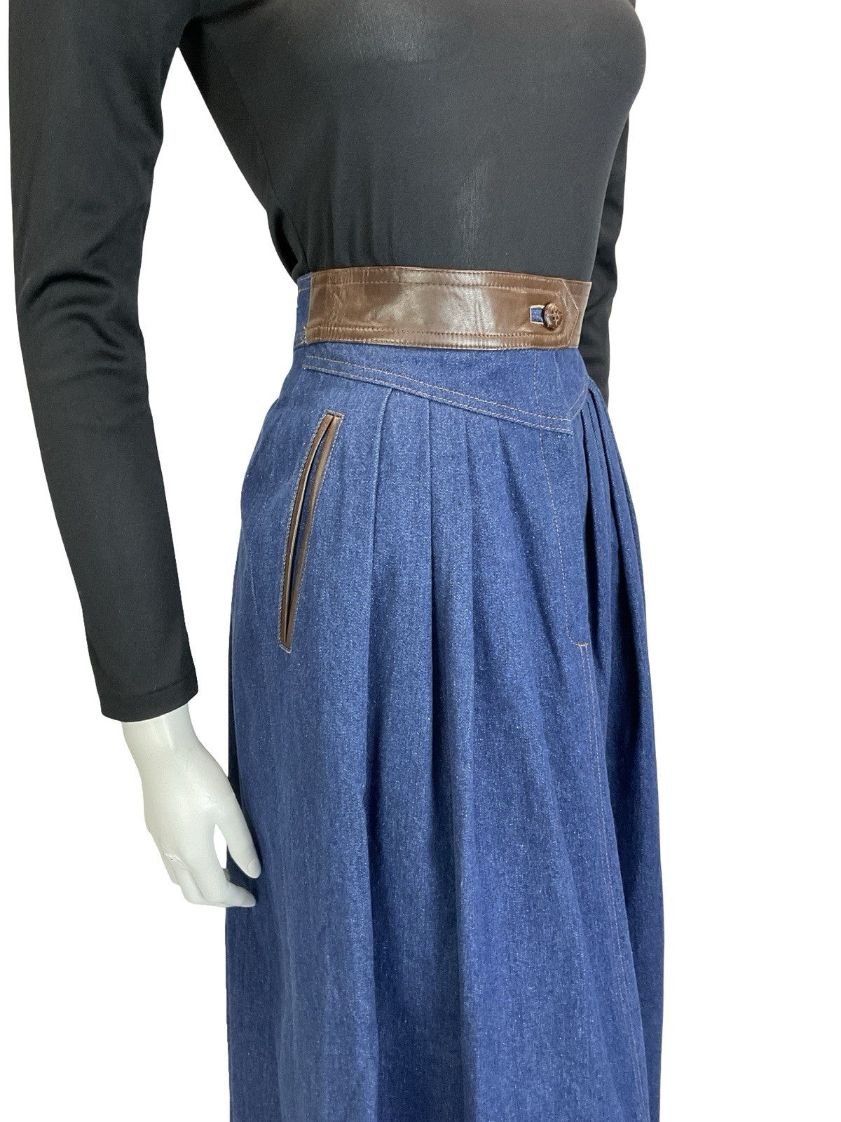 VTG 70S 80S BROWN BLUE FAUX LEATHER DENIM YOKE BASQUE WAIST PLEATED MIDI SKIRT 6