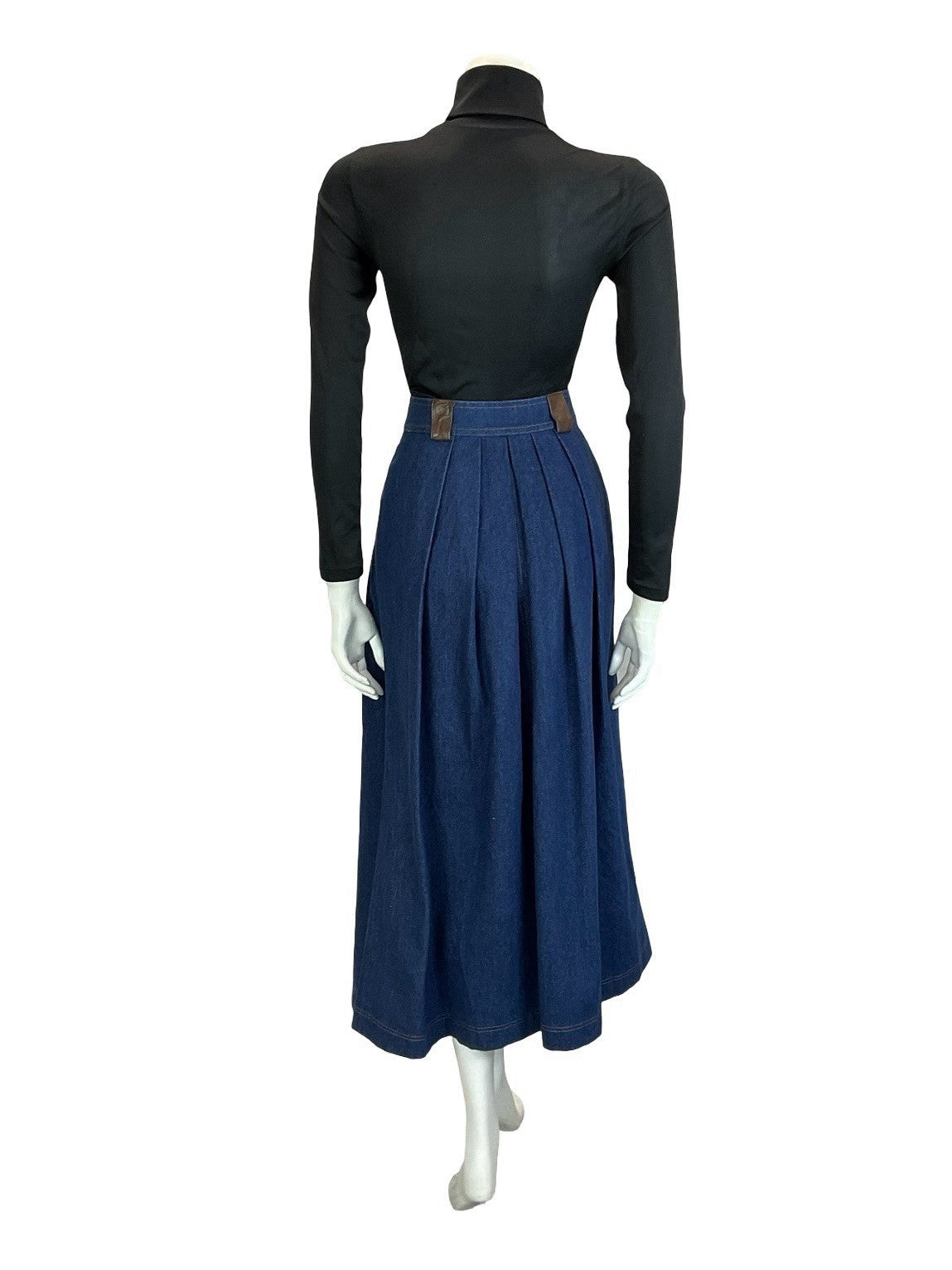 VTG 70S 80S BROWN BLUE FAUX LEATHER DENIM YOKE BASQUE WAIST PLEATED MIDI SKIRT 6