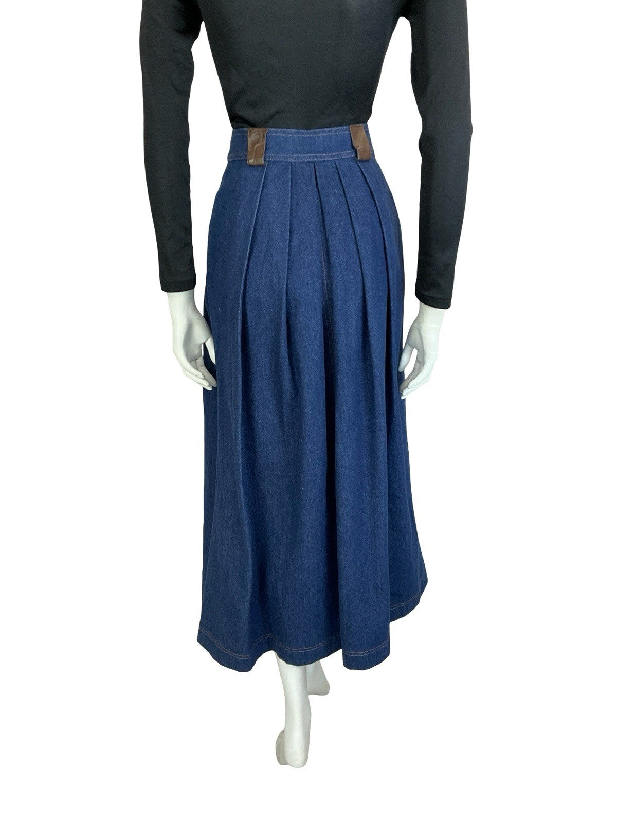 VTG 70S 80S BROWN BLUE FAUX LEATHER DENIM YOKE BASQUE WAIST PLEATED MIDI SKIRT 6