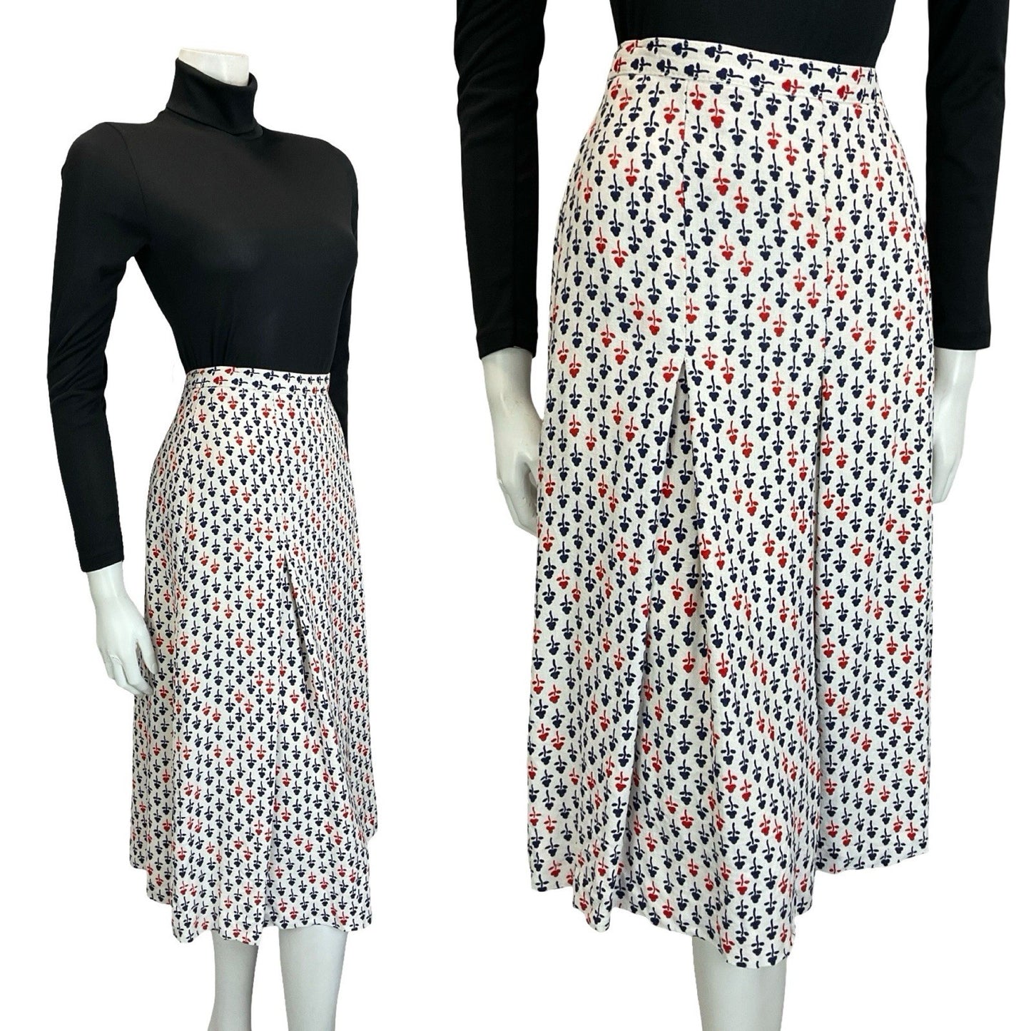 VTG 60S 70S WHITE RED NAVY BLUE GEOMETRIC FLORAL PLEATED PREPPY MIDI SKIRT 10